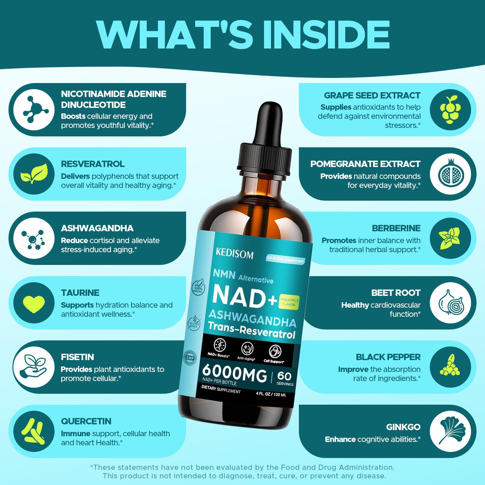 23-in-1 Liposomal NAD Supplement, NAD Liquid Supplement Drops with Resveratrol, Black Pepper Extract, Support Healthy Aging, Energy Metabolism & Overall Vitality, 4 Fl Oz, Pineapple Flavor — Amazon image 9