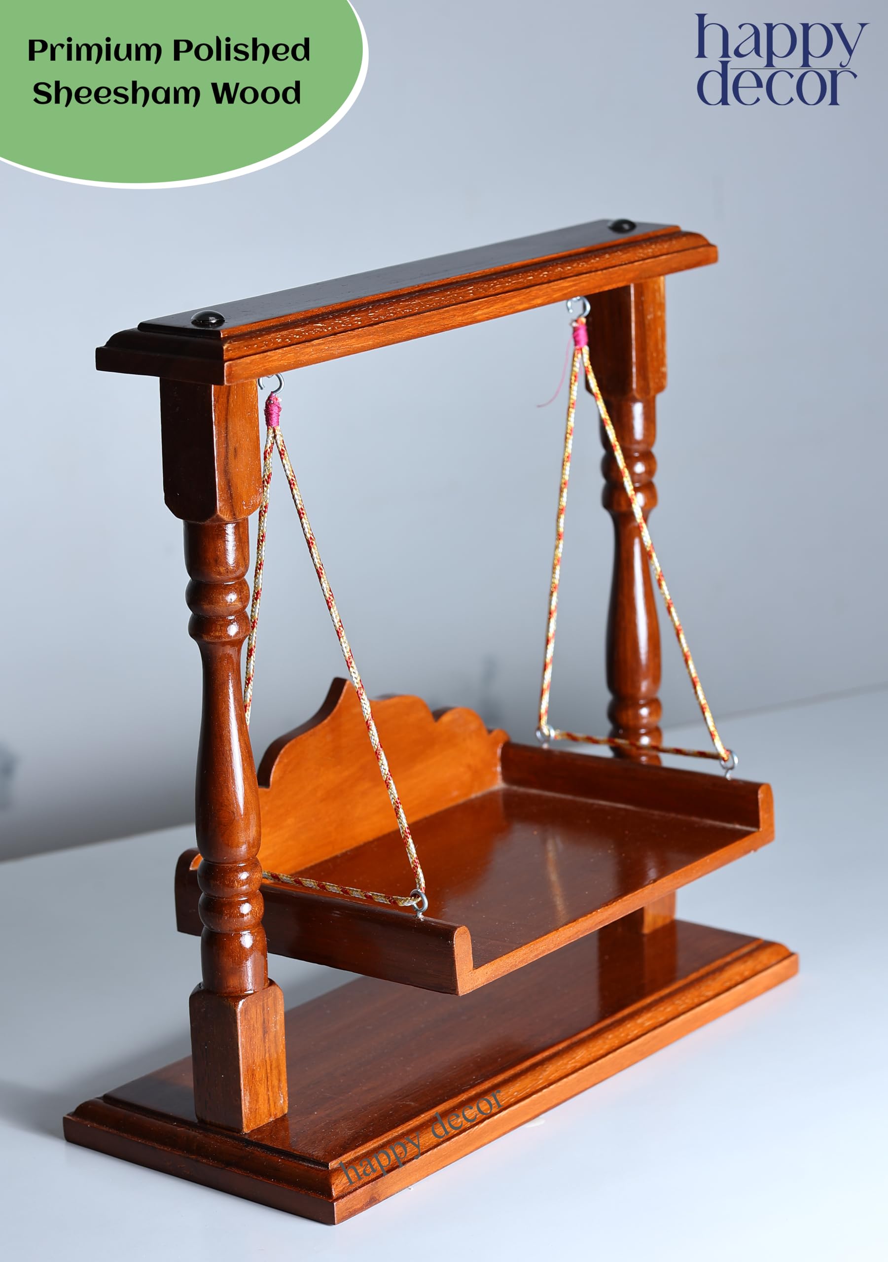 Happy Decor Wooden Laddu Gopal Jhula, Shri Krishna Jhoola for Kanha Ji Pooja Room, Premium Polished (Size:- 13"x12"x6"), Seat Size :- (8"x5.5") for 0 to 4 no bal goapl 3