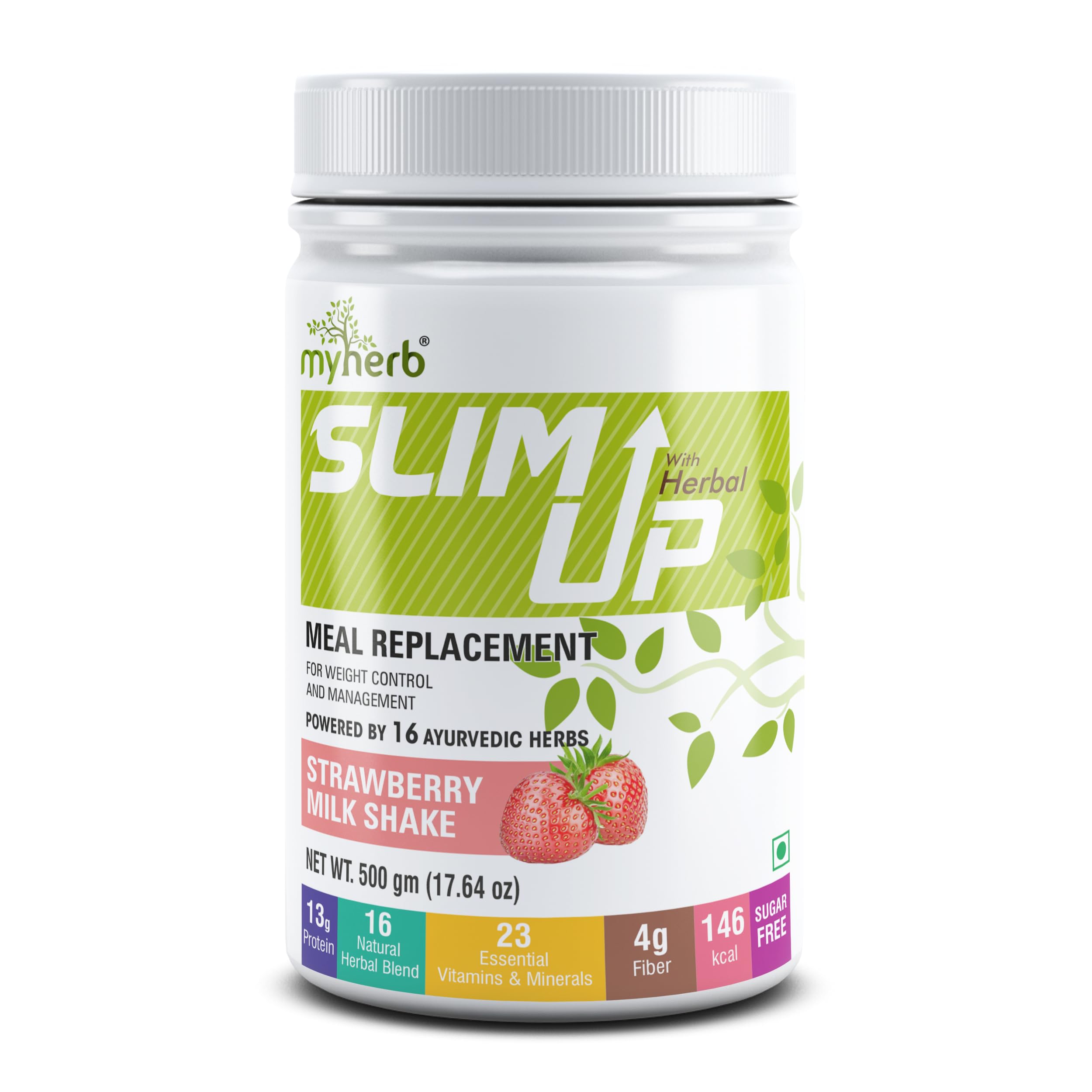 MYHERB Slim Up Meal Replacement Shake With 16 Natural Herbal Blend (Ayurvedic Formula) For Weight Control&Management-13.5g Protein-23 Vitamins For Men&Women (Strawberry Milk Shake, 500 gm)