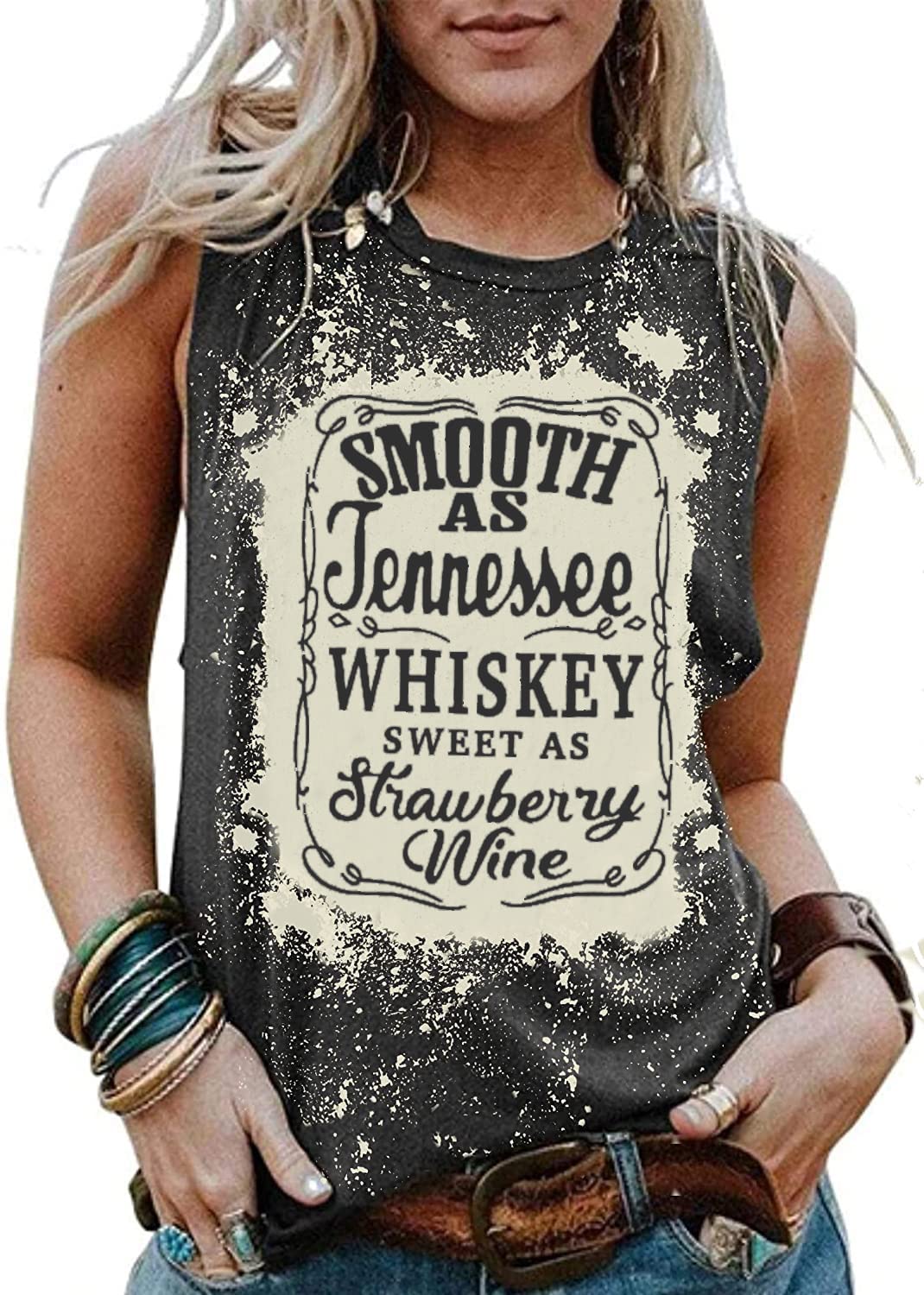 FCHICHSmooth As Tennessee Whiskey Sweet As Strawberry Wine Tank Tops Women Vintage Bleached Country Music Shirt