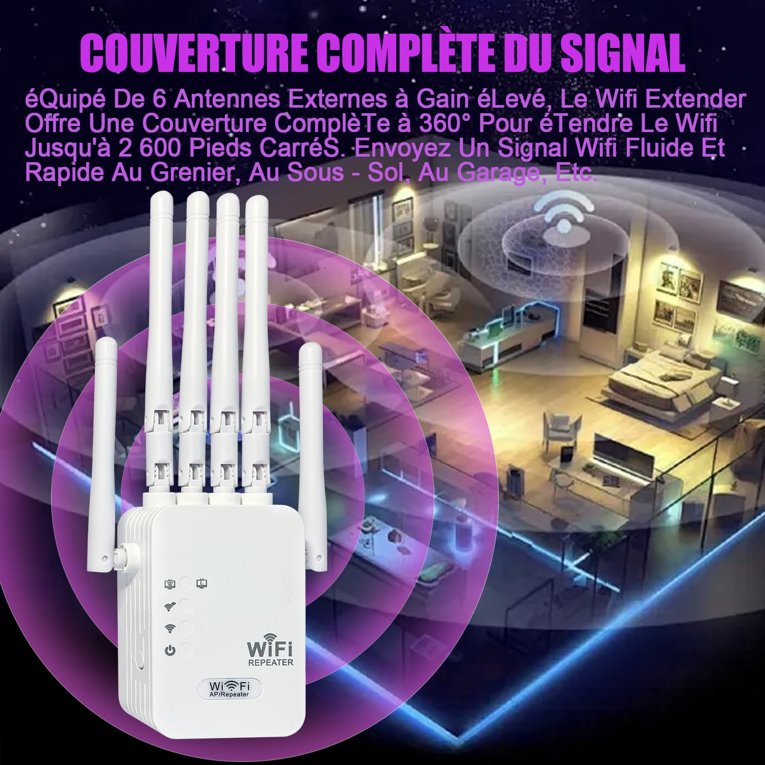 Répéteur WiFi 6 Antennes - Amplificateur Couverture Jusqu'à 3000 Pi² - 2 Ports LAN - Installation Facile Pour Maison Et Bureau
