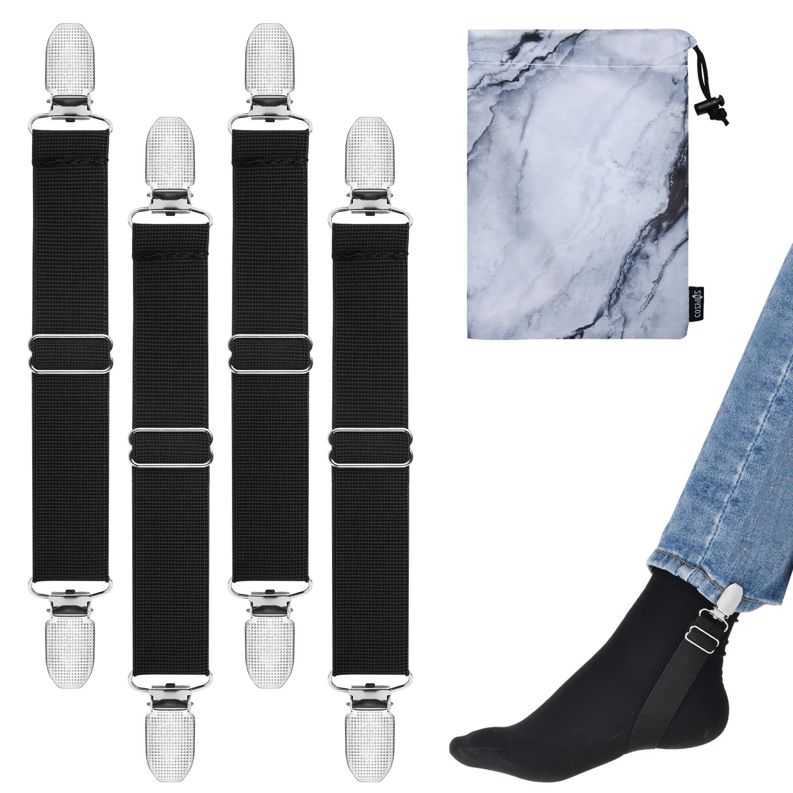 Cosmos 4 Pcs Adjustable Elastic Boot Straps Stirrup Pants Clips Pants Stirrup Leg Straps for Women and Men, Motorcycle Biker Jeans Keeping Pants Tucked and As Mitten Clip or Waist Cinch Clip