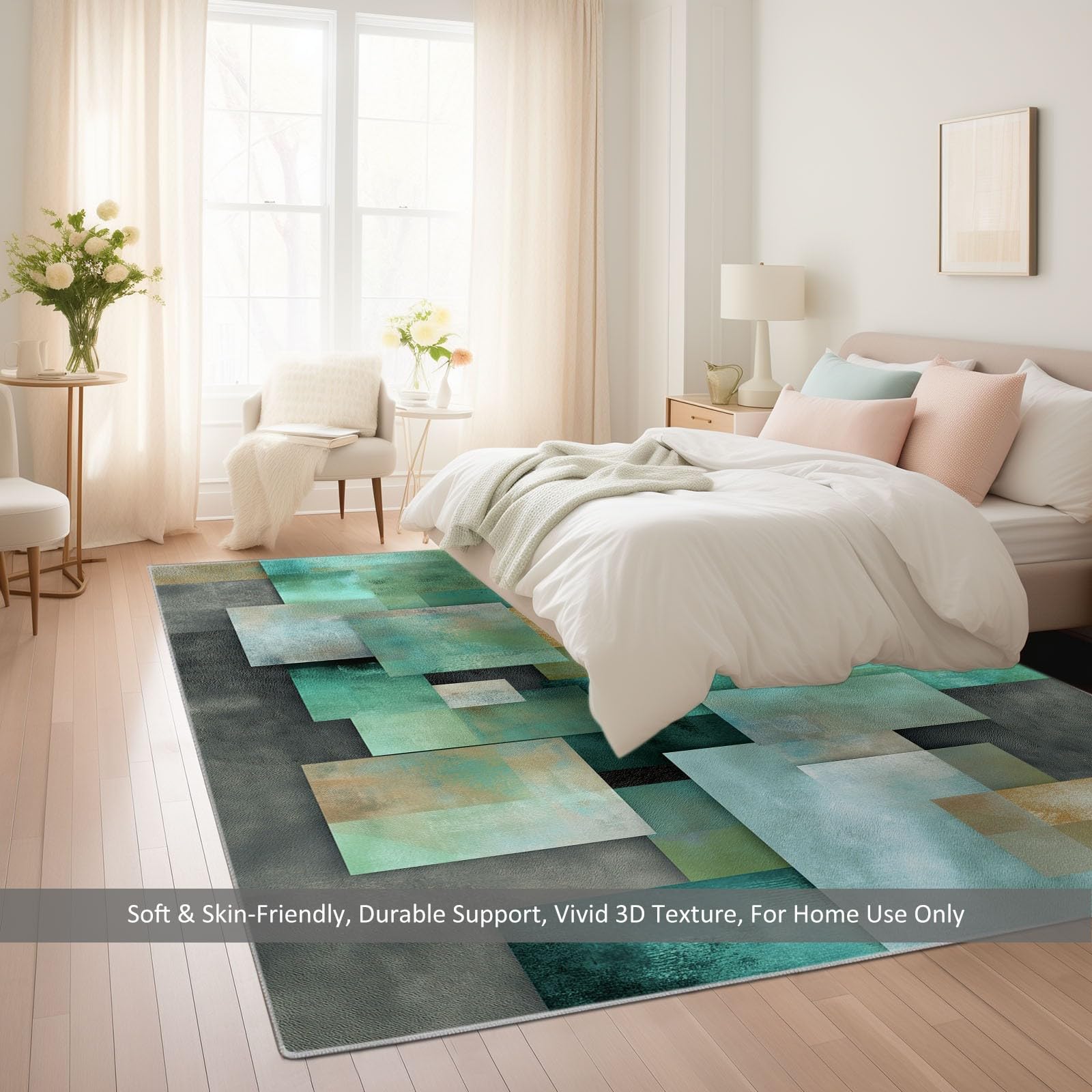Tapis de Salon pour Hommes et Bureau, Flanelle Lavable en Machine Antidérapant Hypoallergénique, 80 x 150 cm, Style Géométrique Cubisme Moderne, Vert et Gris
