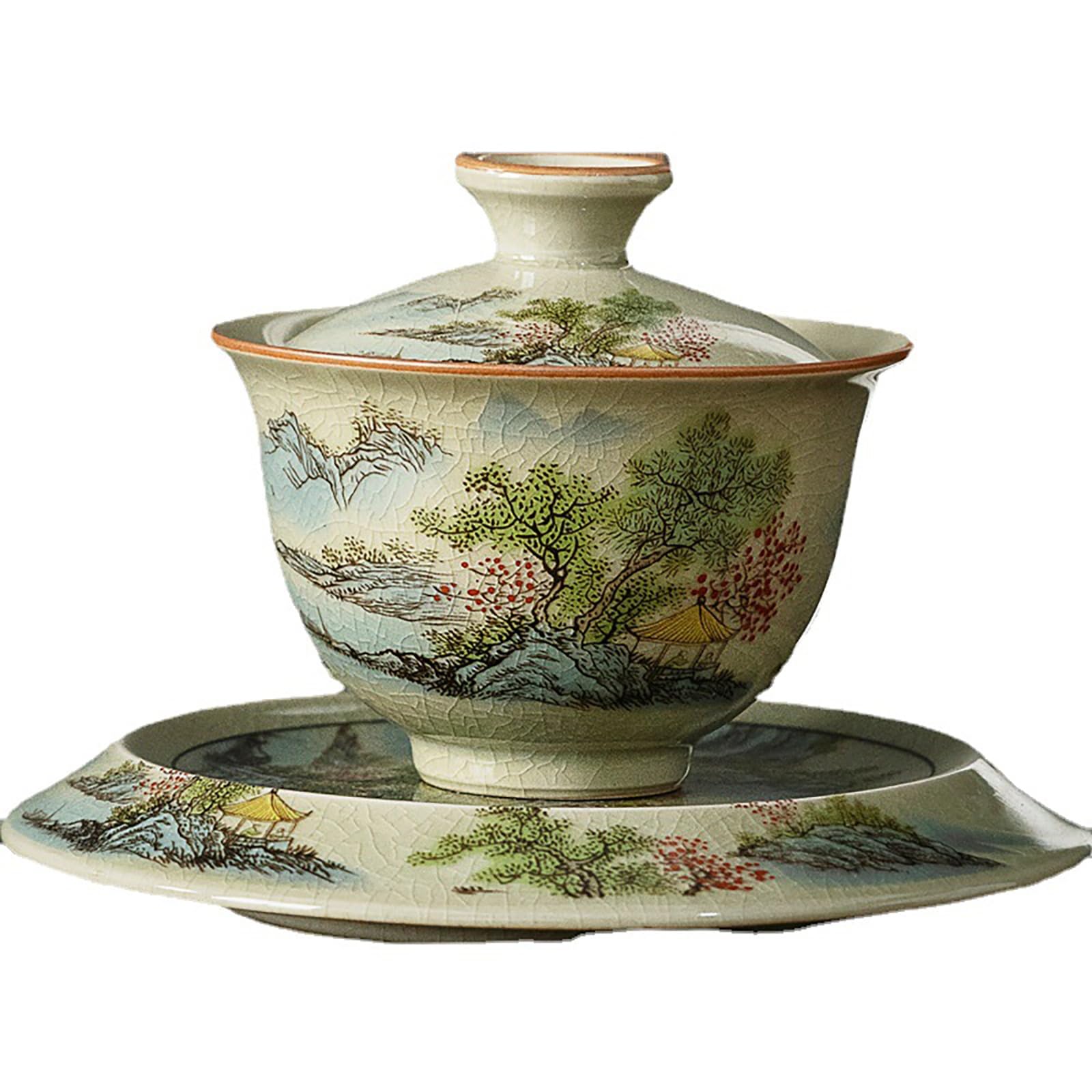LingXuanGe Gaiwan Tea Cup gaiwan Tea Pot Chinese Tea Cups Chinese Landscape Painting Ceramic Gaiwan Tea Set Sancai Tea Bowl