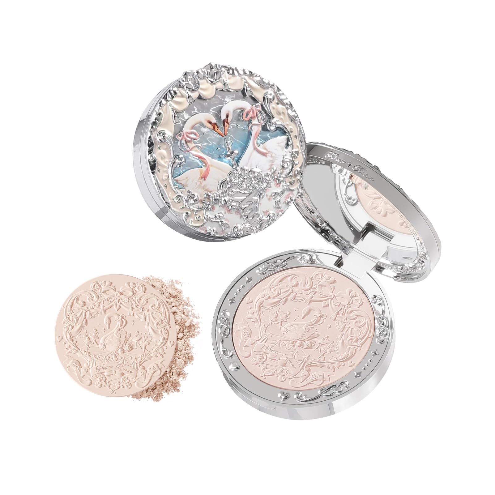 Flower Knows Swan Ballet Embossed Blush,Translucent Matte Finish,Buildable & Blendable Powder Blush for cheeks,Pressed Setting Powder,Natural Flush for All Skin Tones(01 Niveous Swan,5g)