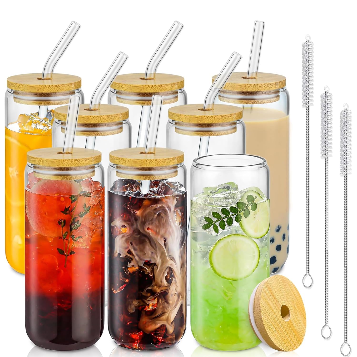 HEKAMU 8 PCS 16 Onzas Vasos de Vidrio para Beber, Tipo Lata De Vidrio Con Tapas Popotes Y Cepillo De Limpieza, para Cerveza Taza de Cóctel Adecuados de Café Helado Vasos,Copas Cola Y Zumo (8)