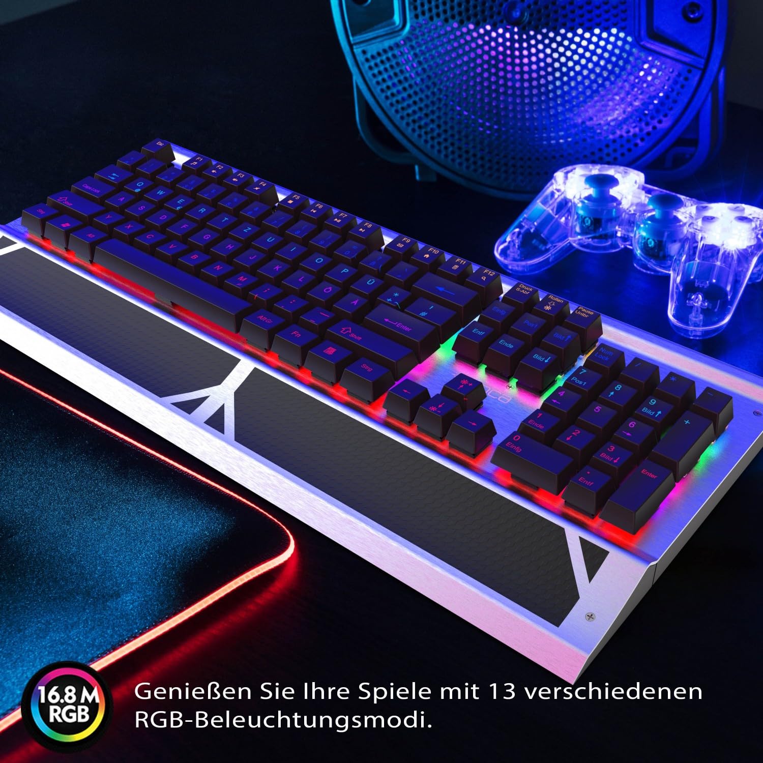 Inca IKG-444 Ophira RGB Clavier de Jeu mécanique 104 Touches Anti-ghosting Boîtier en Aluminium USB QWERTZ avec extracteur de Touches et kit de Nettoyage Compatible avec Windows, Mac, Linux