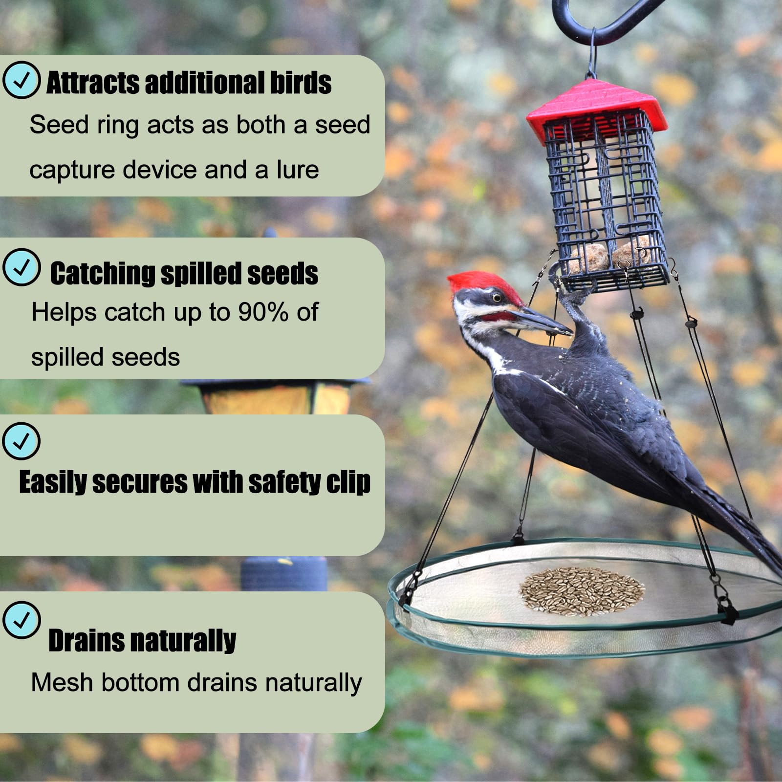 2uds Bandeja Recoger Semilla Pajaros, 40,5 cm con 8 Cuerdas Colgantes Bandeja Recogedora de Semillas para Patio Jardín y Patio Trasero (Verde)