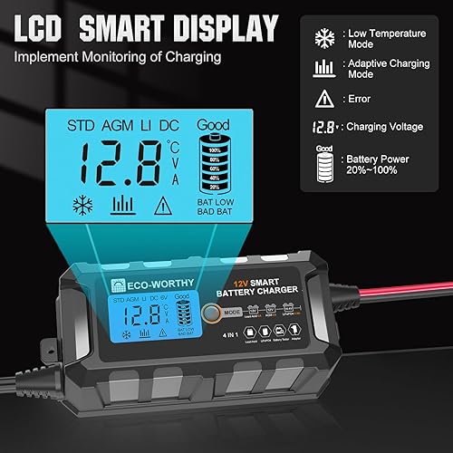 Miniatura 3 de ECO-WORTHY Cargador y mantenedor de batería inteligente automático de 5Amp 12V con pantalla LCD para batería de plomo ácido y litio (LiFePO4)