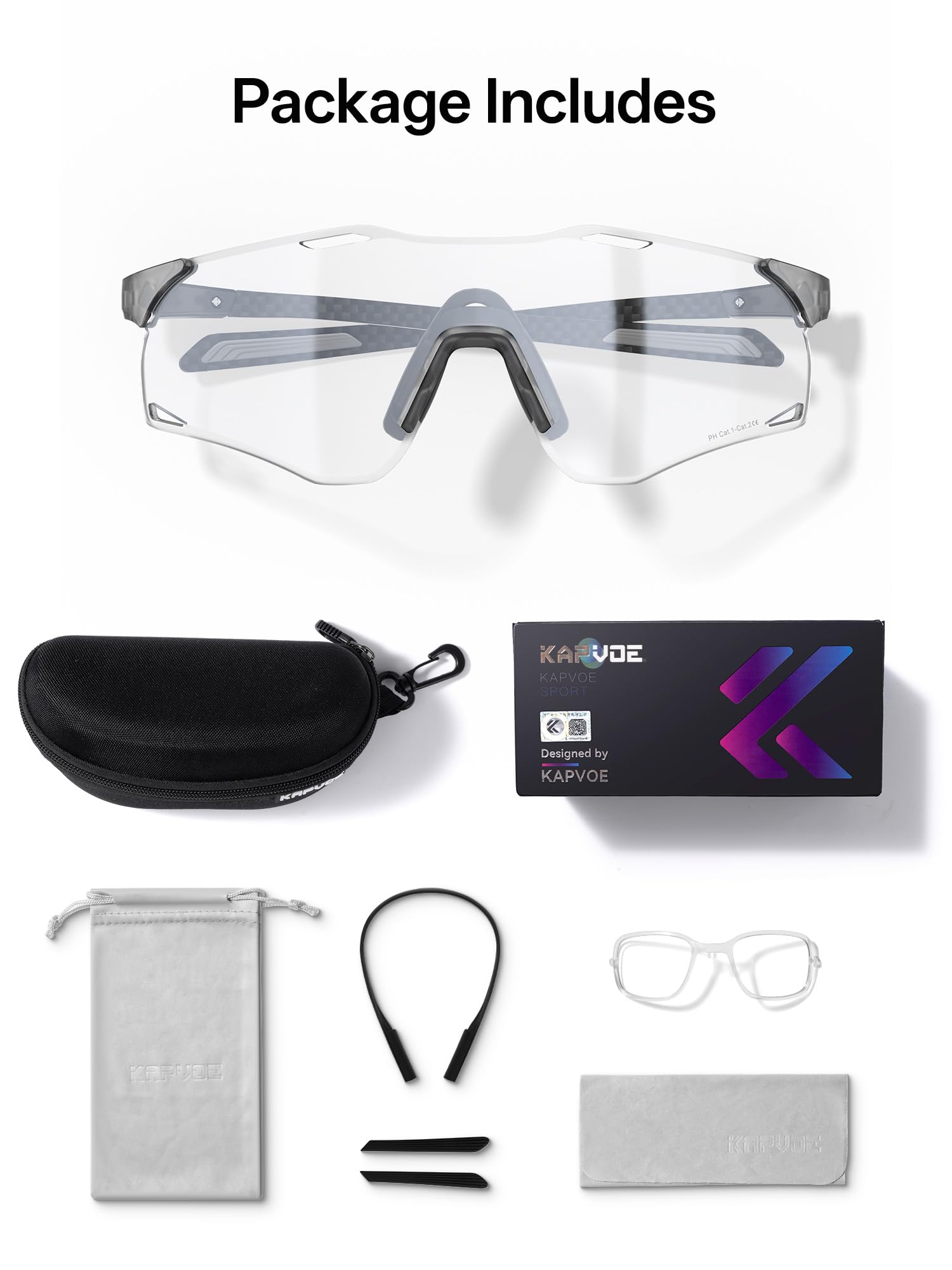 KAPVOE K454I Lunettes de Cyclisme Photochromiques UV400 Branches Carbone | Pour homme et femme, branches légères en fibre de carbone, idéales pour le running, VTT, baseball et pickleball