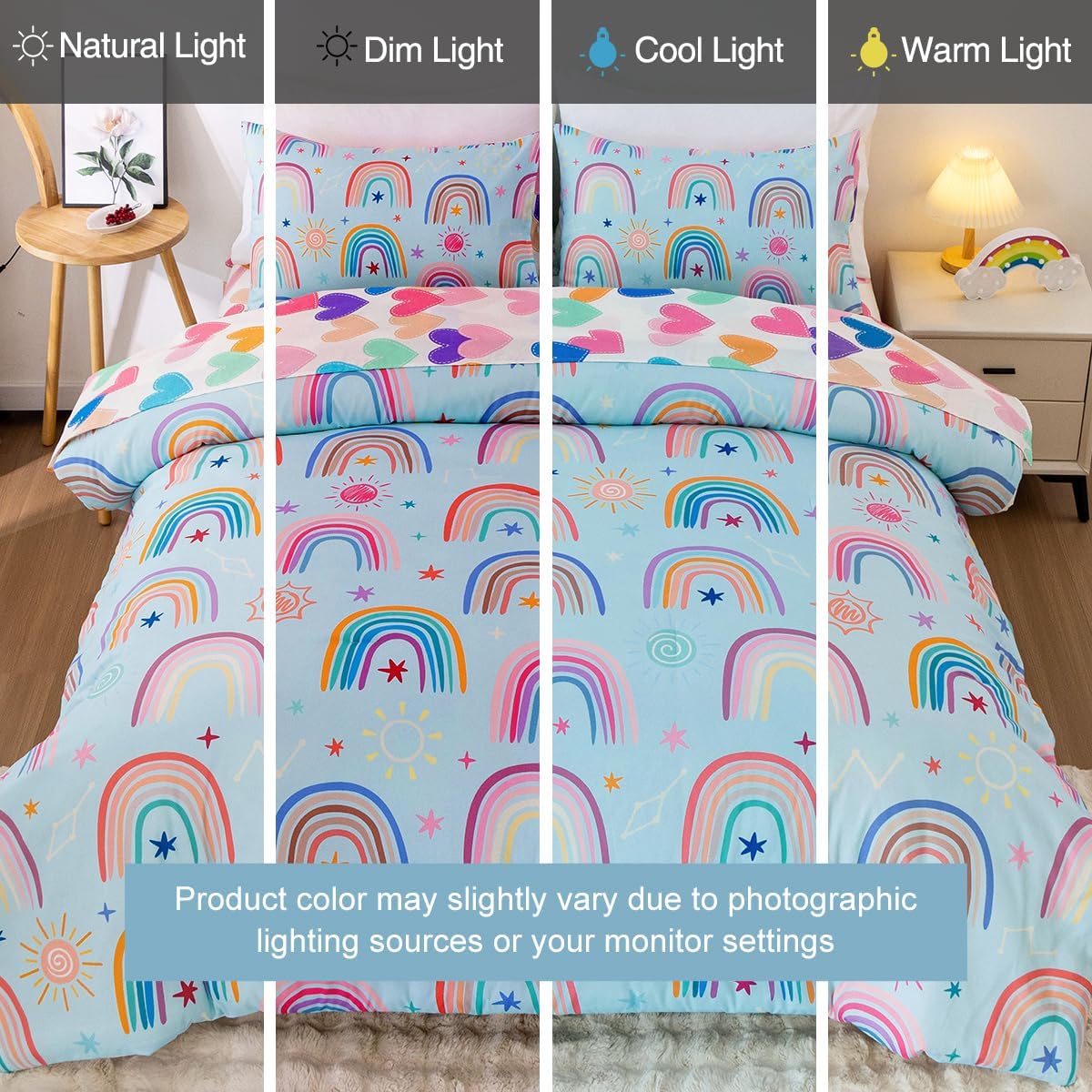 Holawakaka Boho Rainbow Twin Comforter Set with Sheets, 5-Piece Bohemian Love Heart Star Bedding Set for Girls & Women -Super Soft Microfiber Kids Teen-Girls Twin Size Blue Reversible Bed-in-a-Bag