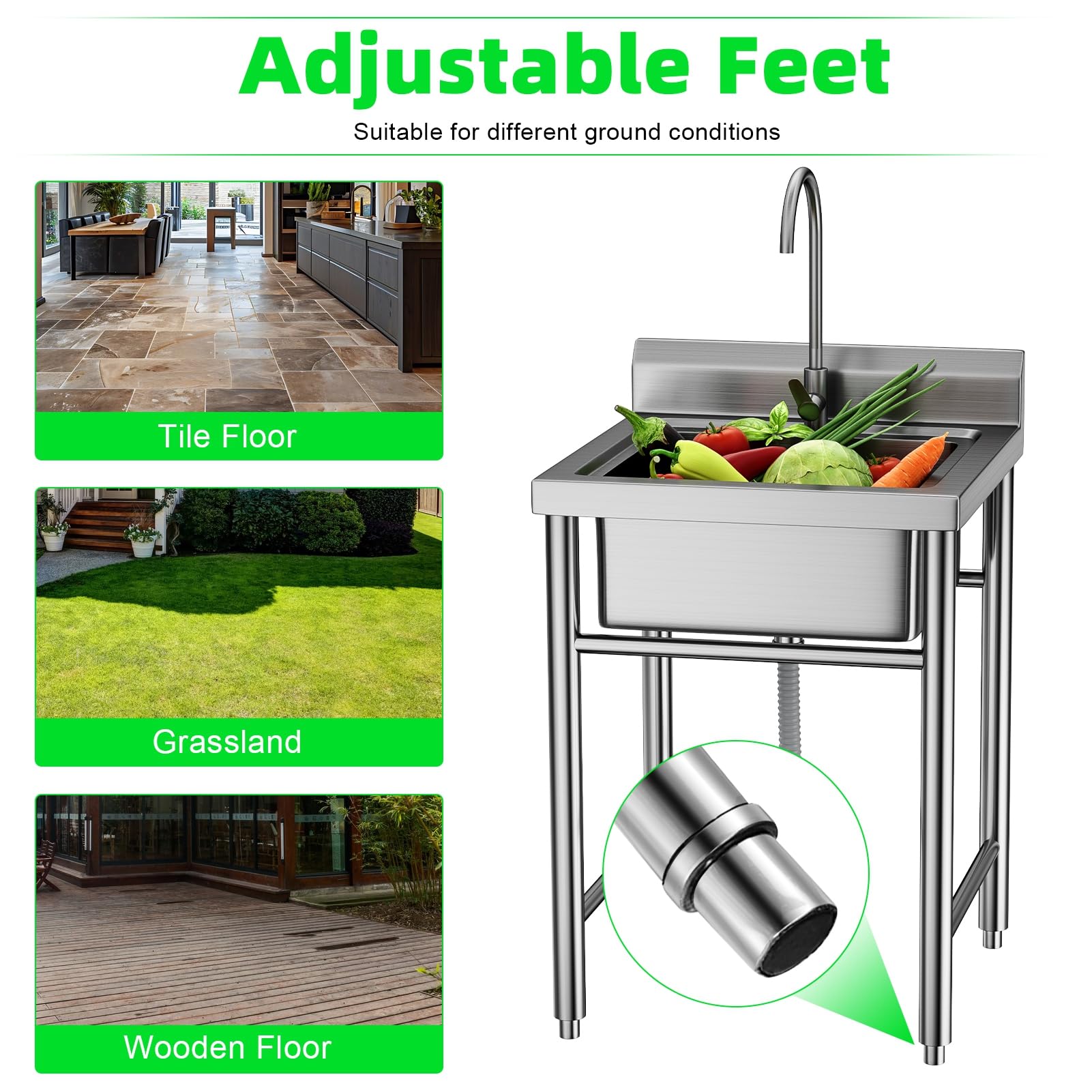 Masiunoz 60x60x95cm Stainless Steel Sink with Removable Strainer Basket, Waterproof Baffle, Freestanding Installation, Outdoor Laundry Sink for Commercial Kitchen Silver