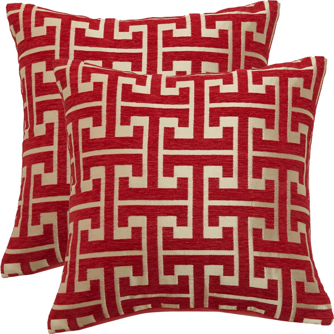 Fszhenzuan Geometry-Red Pack Of 2 Chenille Cushion Covers 45X45cm Geometric Jacquard Red Decorative Throw Pillow Covers Soft Boho Pillowcases With Invisible Zipper For Bedroom Sofa Home Decor