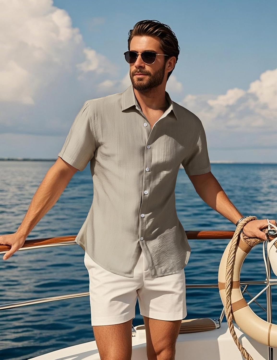 ZEROYAA Men's Casual Short Sleeve Button Down Shirt Vacation Beach Summer Lightweight Textured Shirts - Image 2