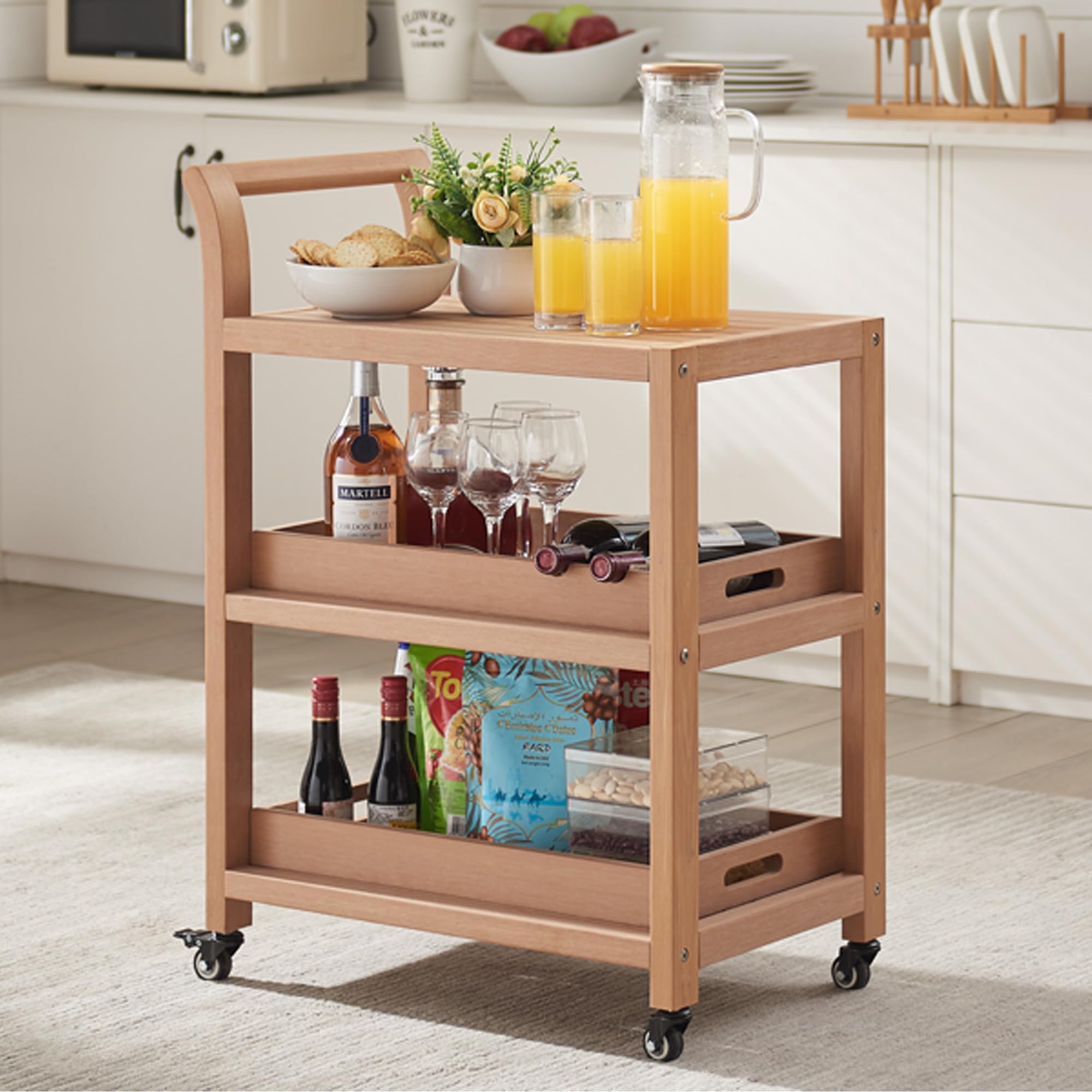 Psilvam Kitchen Cart, Poly Lumber Waterproof Storage Cart, Three-Layer Serving Cart with Lockable Casters and Replaceable Position Trays, Used as Food Carts, Breakfast Cart, and Bar Cart (Teak Color)