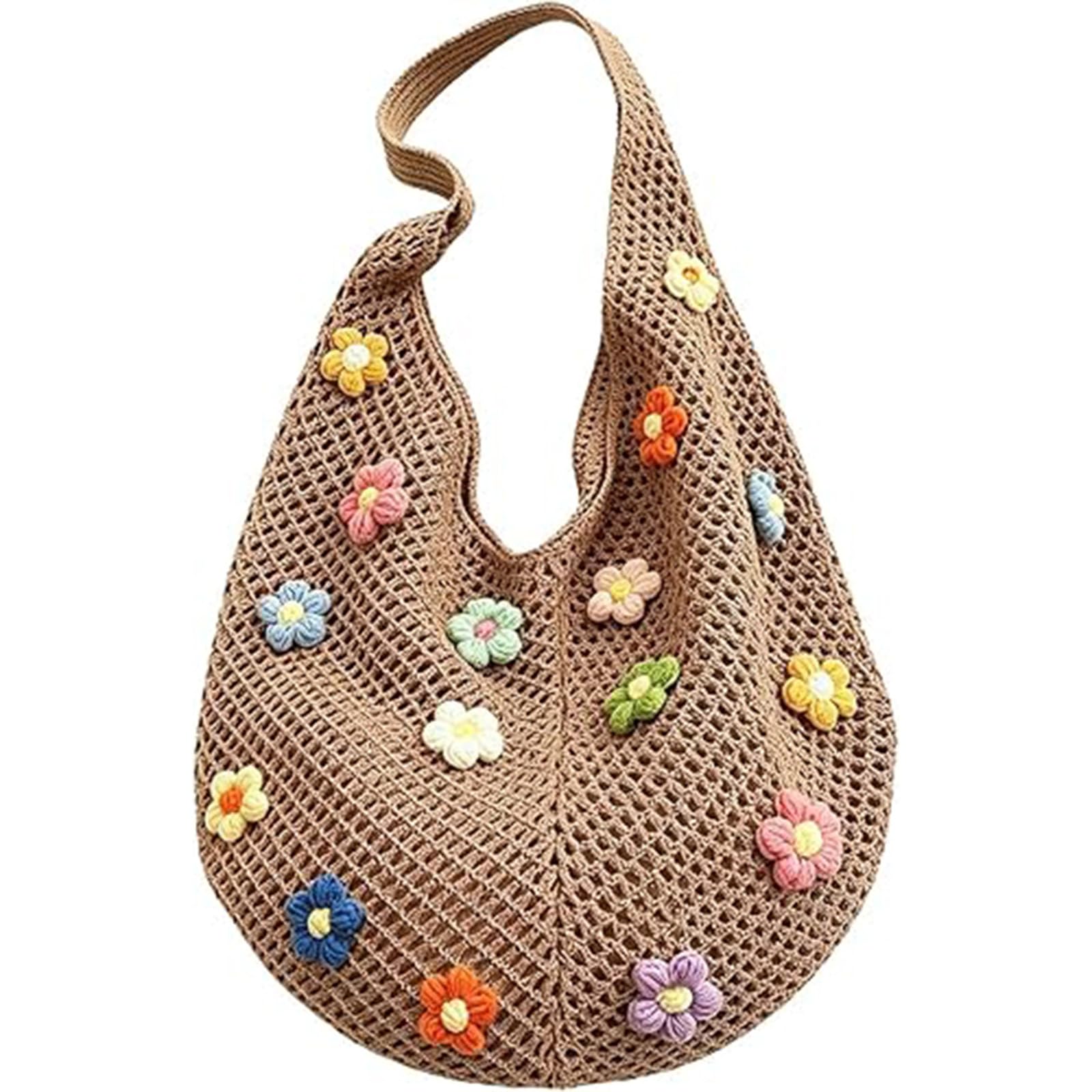 Crochet Bag, Beach Bag for Women Stylish, Bohemian Woven Tote with 16 Floral Details, Spacious Carry-All for College and Casual Use-image-43