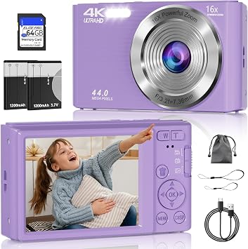 Digital Camera, FHD 4K Compact Cameras with 64GB SD Card 2 Batteries, Portable Travel Digital Camera with 16X Autofocus Digital Zoom Small Camera for Teens Kids Boys Girls, Dark Purple