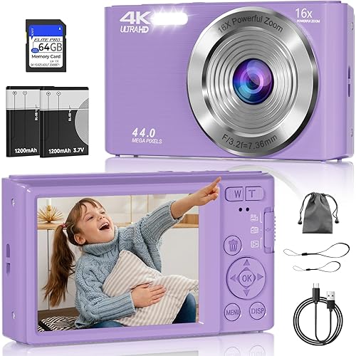 Digital Camera, FHD 4K 44MP Digital Camera, 16X Digital Zoom, Digital Point and Shoot Camera with 3-LED Fill Lights, 64GB SD Card, Compact Camera for Kids Teen Boys Girls, Purple