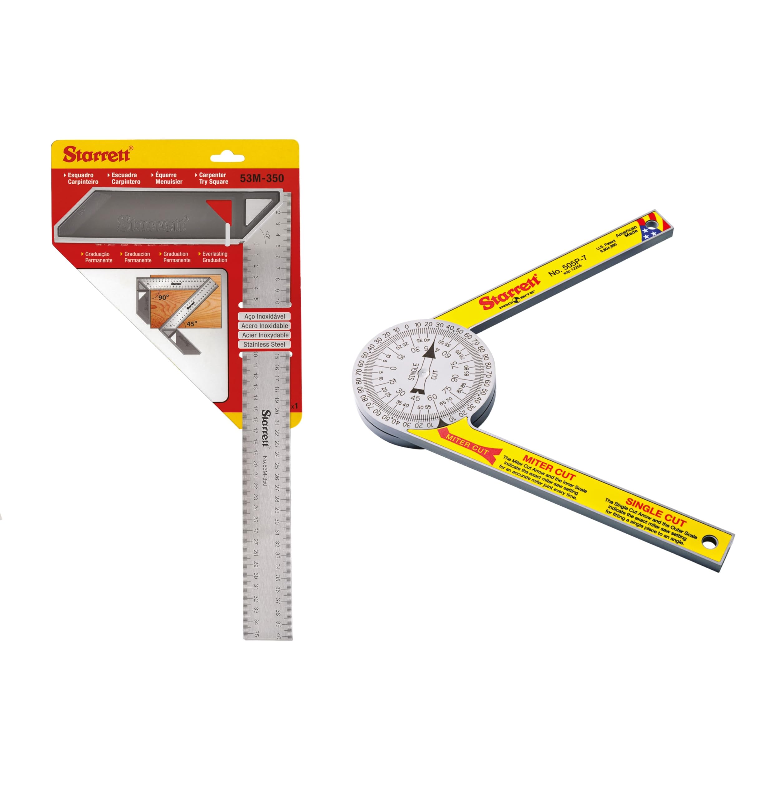 Starrett 505P-7 Pro-Site Mitre Protractor and K53M-350-S Try Square Precision Measuring Kit