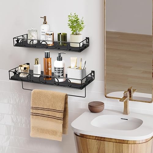 Miniatura 2 de Y&ME YM Moon Phase - Estantes flotantes para baño, organizador de pared para baño, estantes de baño montados en la pared con toallero negro,