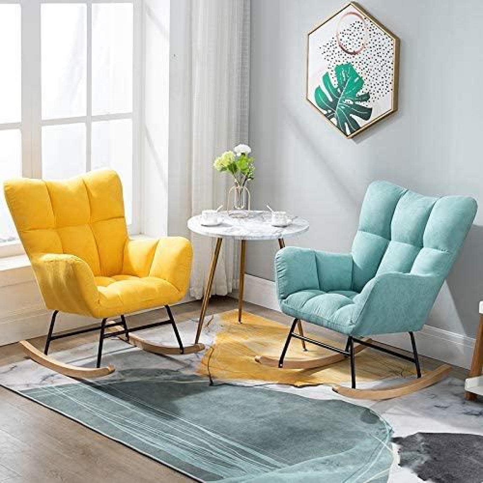 Sedia a dondolo reclinabile moderna con sgabello, divano singolo imbottito in rosa, verde o blu, gambe in legno massello, ideale per camera da letto o soggiorno