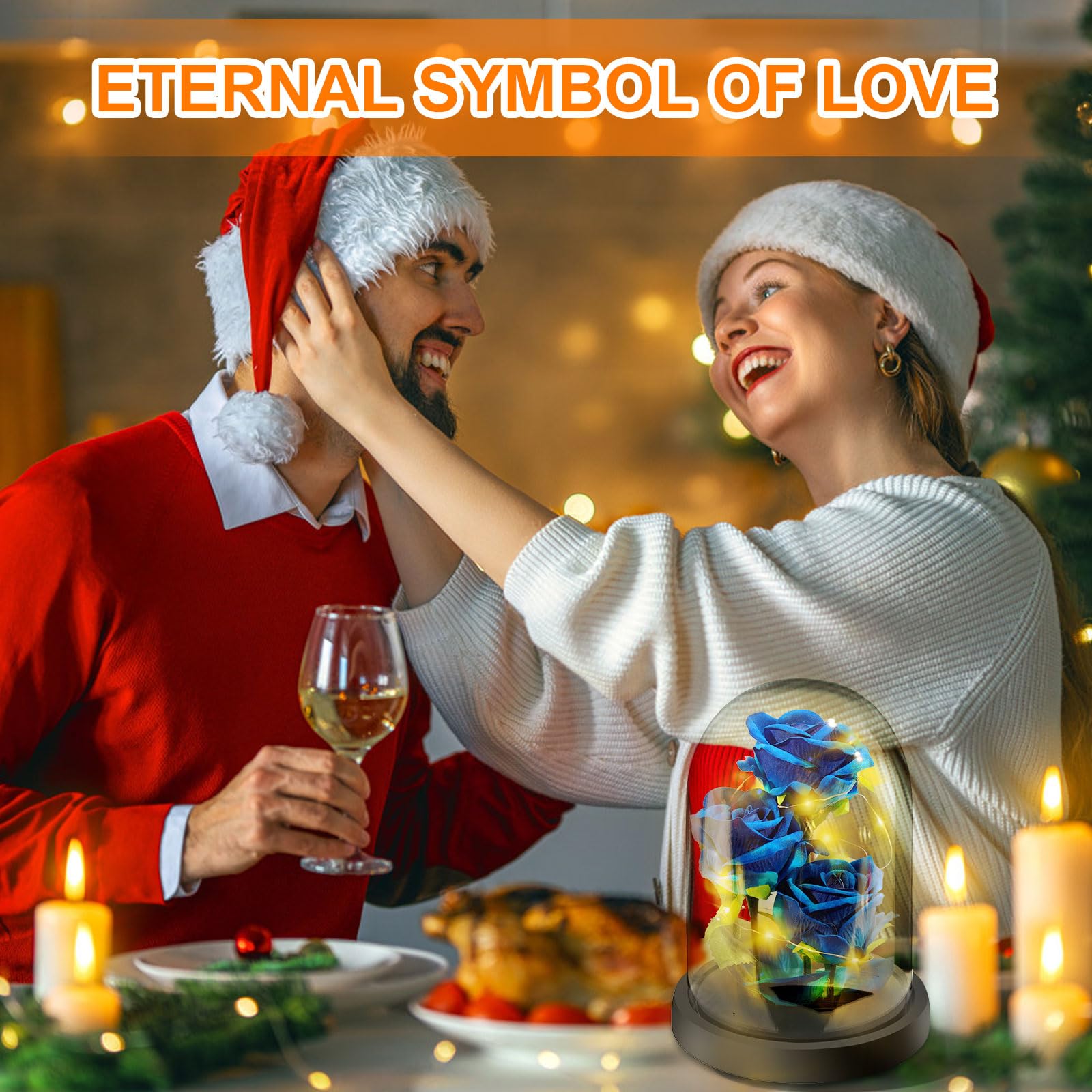 Regalo di San Valentino Per Mamma Nonna, Fiore Rosa Regalo per Lei - 3 Rose di Seta Blu con Luce a LED in una Cupola di Vetro per la Festa Della Mamma, Compleanno, Anniversario, Fiore Rosa Regalo