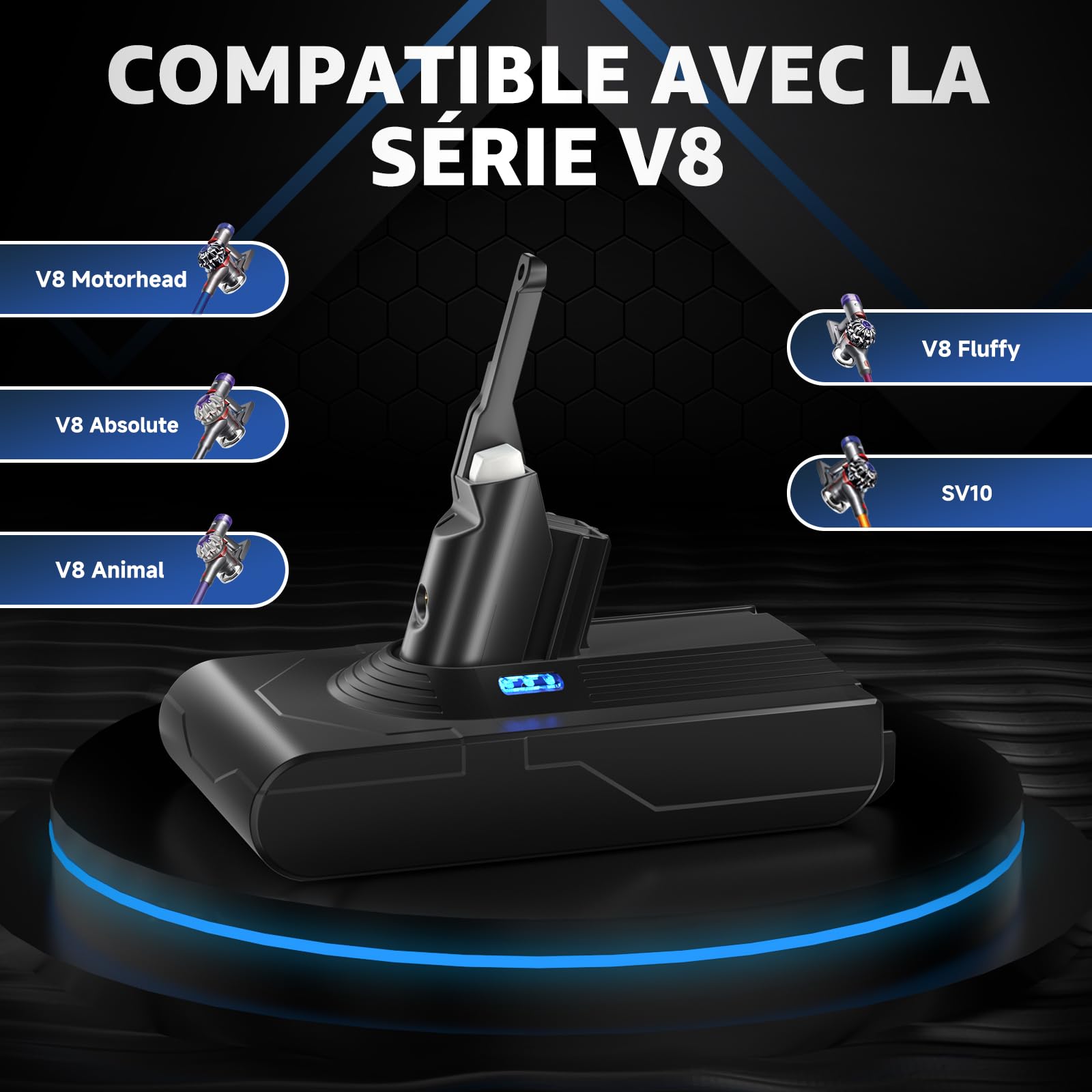 EGR Améliorée V8 Batterie Compatible pour Dyson V8 Absolute/Animal/Motorhead/Fluffy SV10 Carbon Fiber Aspirateur Batterie avec 5 Filtres et 3 Vis - 5