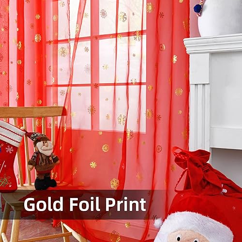 Miniatura 7 de Cortinas traslúcidas de Navidad con copos de nieve, cortinas transparentes de gasa con estampado dorado de lujo, par de tratamiento de bronceado