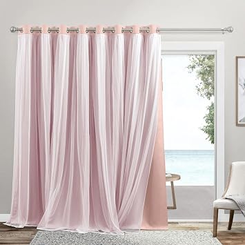 Exclusive Home Catarina Layered Room Darkening Blackout and Sheer Grommet Top Patio Curtain Panel, 100"x84", Rose Blush