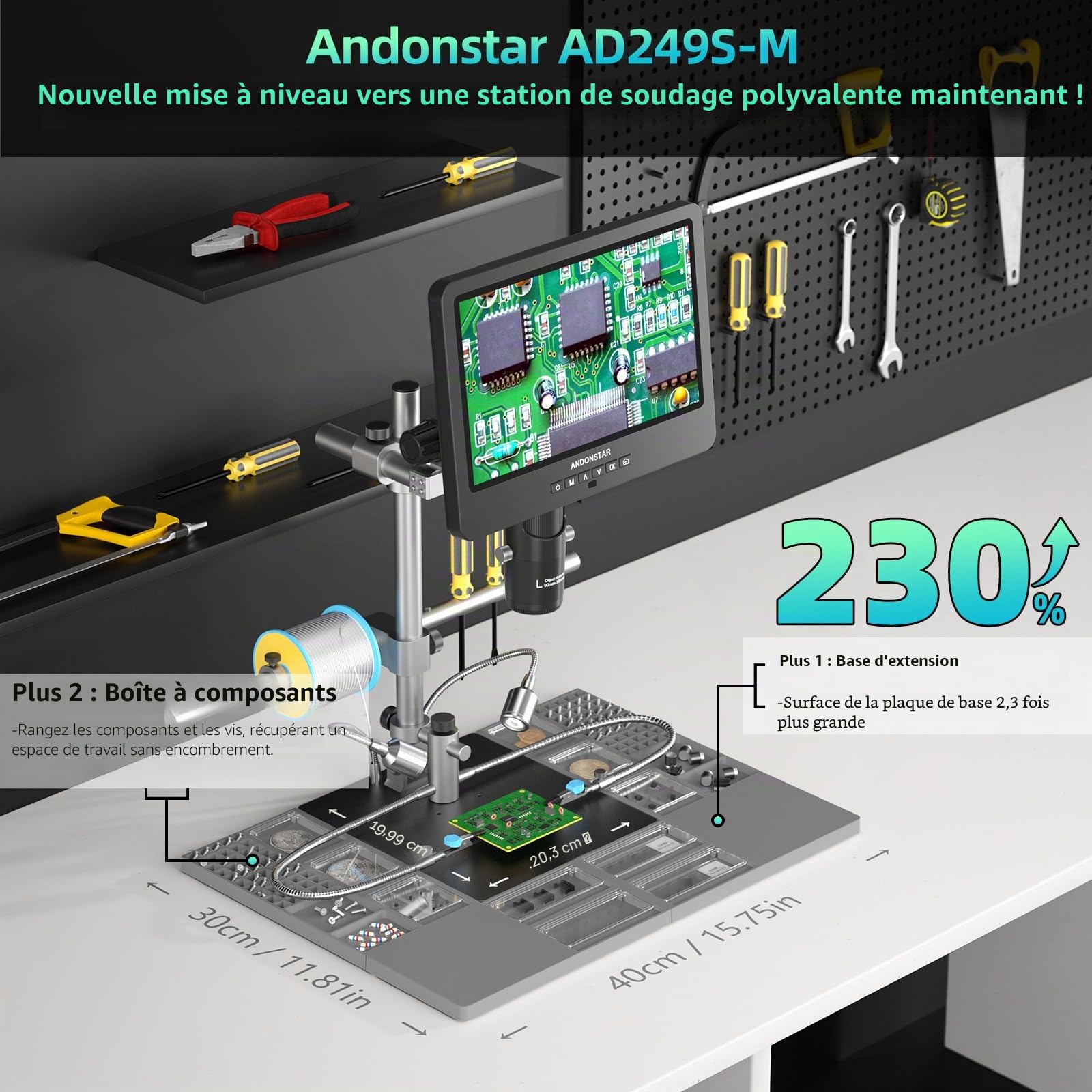 Andonstar AD249S-M Plus Microscope numérique à souder HDMI 10,1'' pour réparation électronique, enregistrement vidéo 2000x 3 lentilles 2160p UHD, station de microscope à souder avec mains aidantes