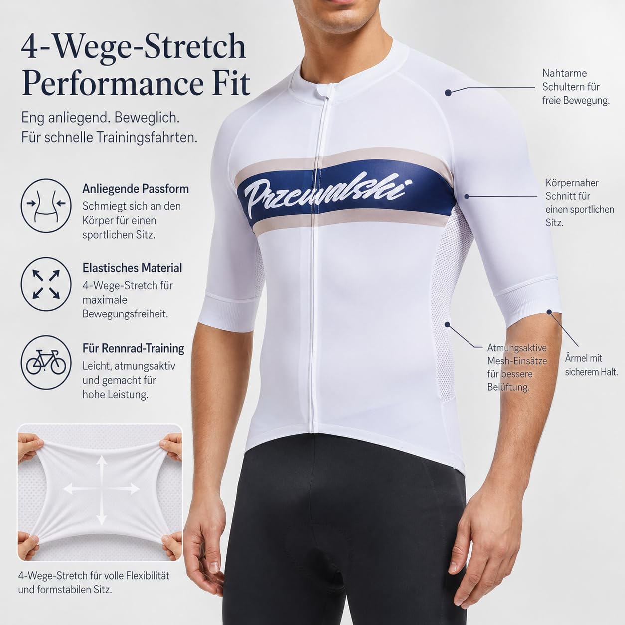 Przewalski Herren Radtrikot Kurzarm Atmungsaktiv mit Taschen | 4-Wege-Stretch Kompression, Mesh-Rücken, 6 Taschen inkl. Zip, rutschfest & reflektierend, Rennrad