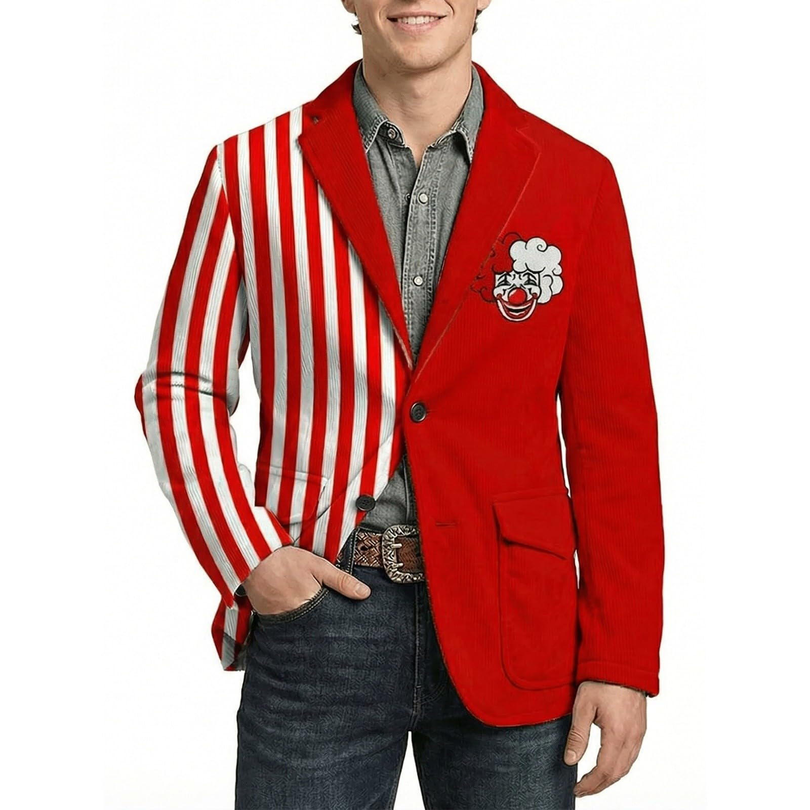 Herren Sakko Karneval Kostüm Clown Print Cord-Optik Pailletten-Design Blazer Bunt Gestreift Vintage Zirkus Jacke Für Fasching Halloween Mottoparty