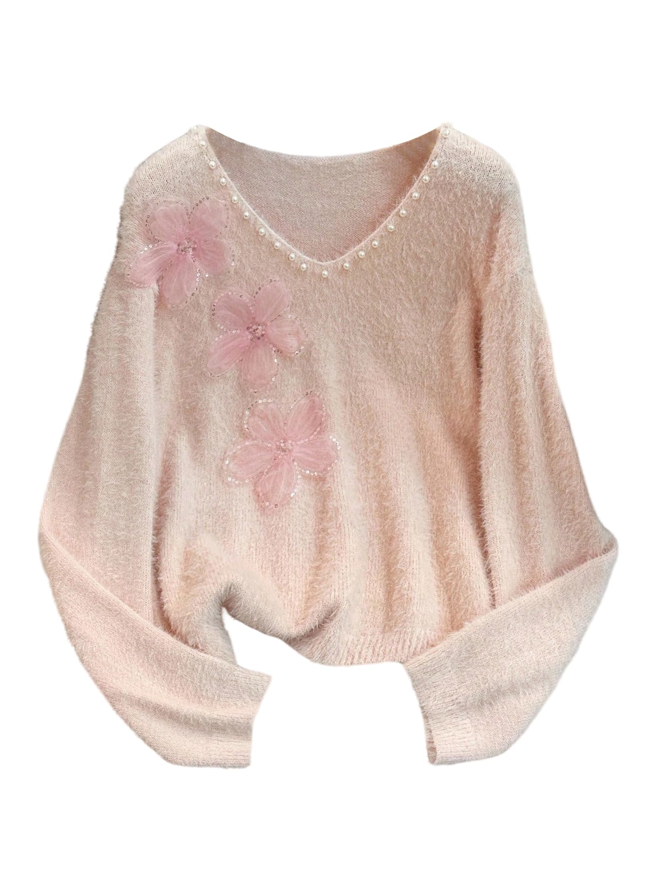 Verdusa Womens Floral Sequin Fuzzy Cozy Sweaters Faux Pearl Knit Tops Fall Pullovers