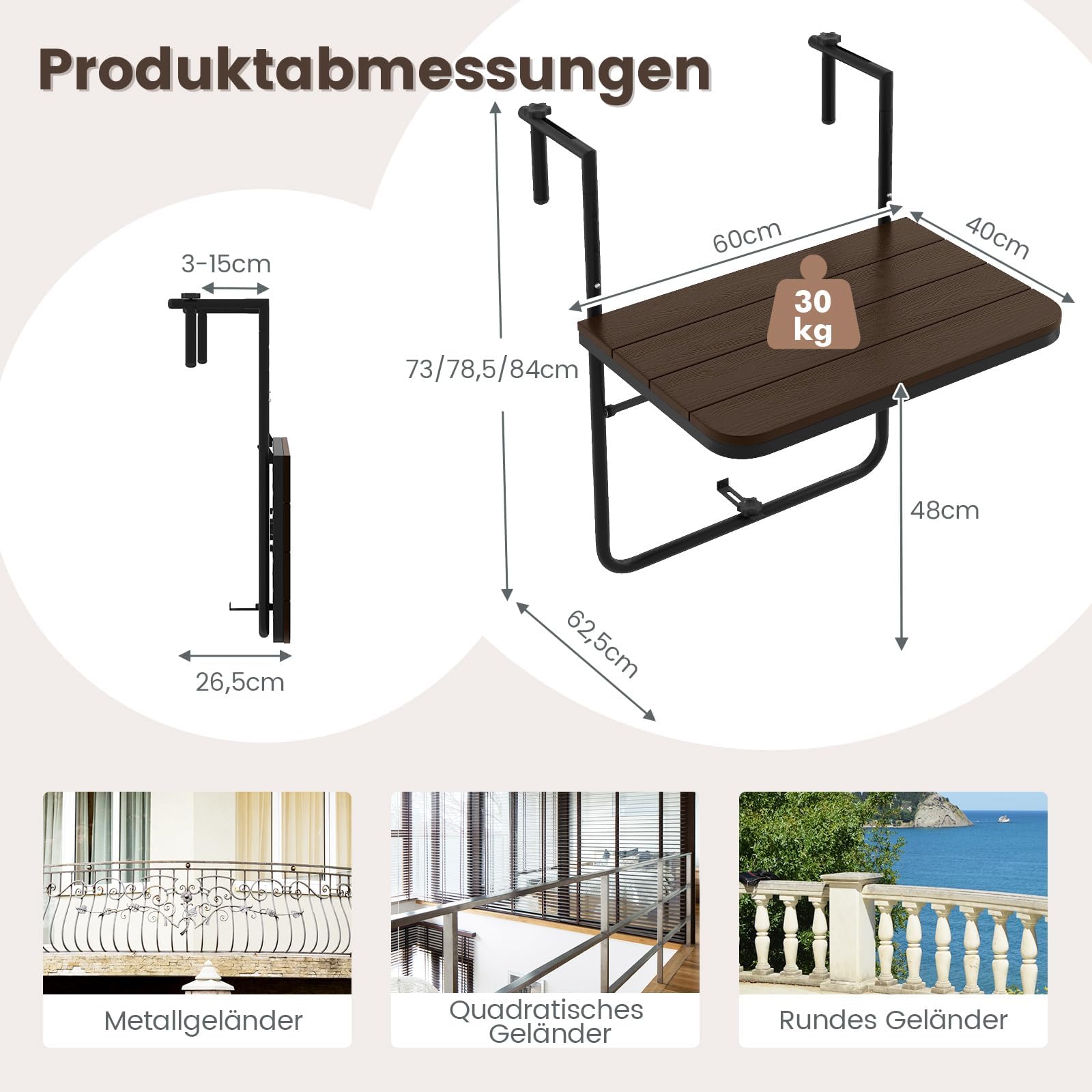 FANTASK Table de Balcon à Suspendre - Pliable - Hauteur réglable sur 3 Niveaux - 60 x 40 cm - Café