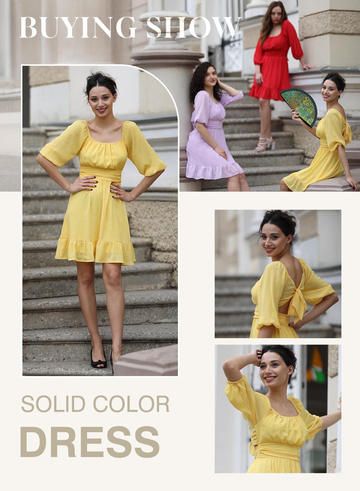 Dokotoo Womens Summer Dresses Square Neck Tie Back Lantern Sleeve Ruffle A-Line Casual Dress: Small 8a Yellow