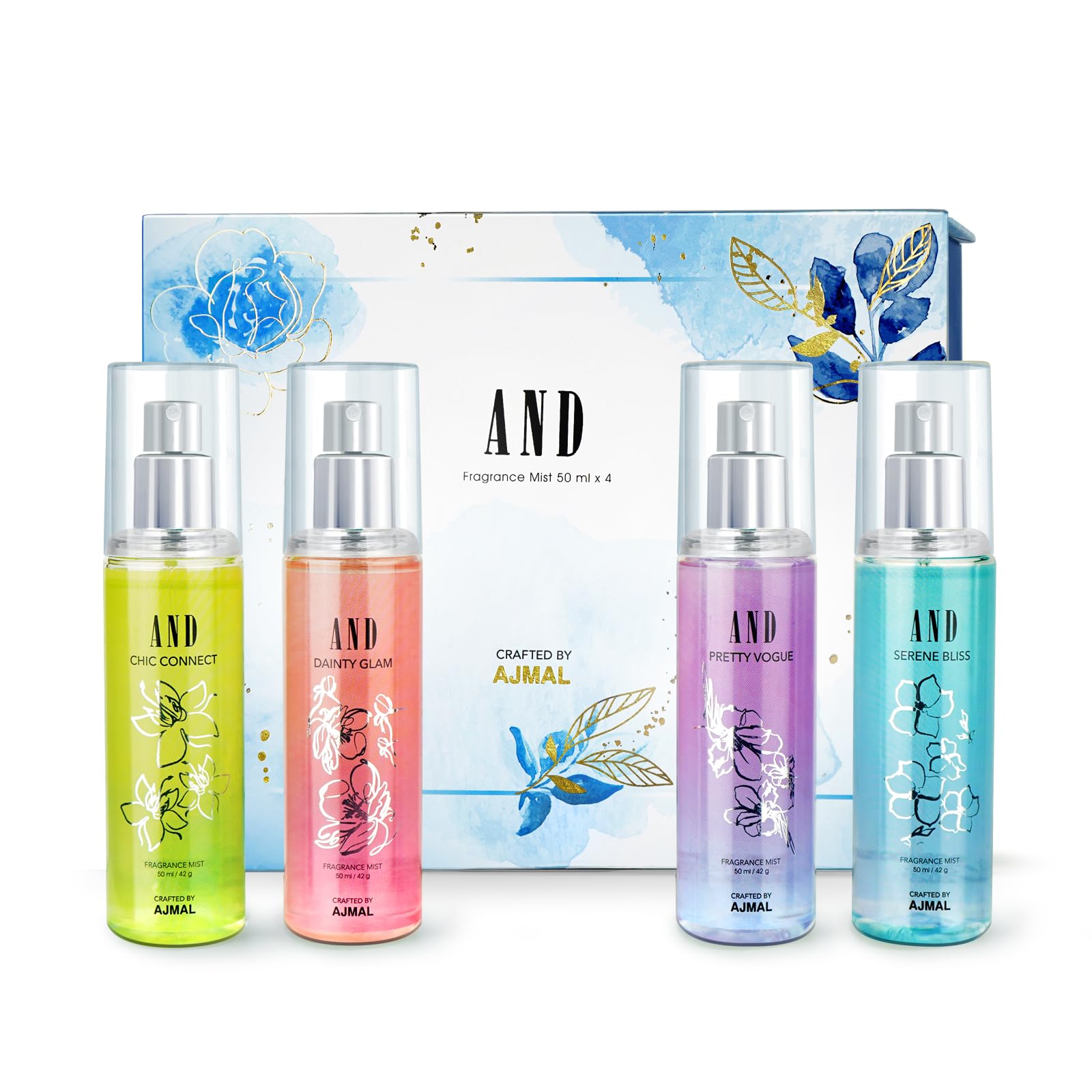 AND Body Mist Gift Set for Women with Chic Connect, Dainty Glam, Pretty Vogue & Serene Bliss Refreshing Fruity & Floral |Long Lasting Fragrance (Pack of 4) of 50ml Each Crafted by Ajmal