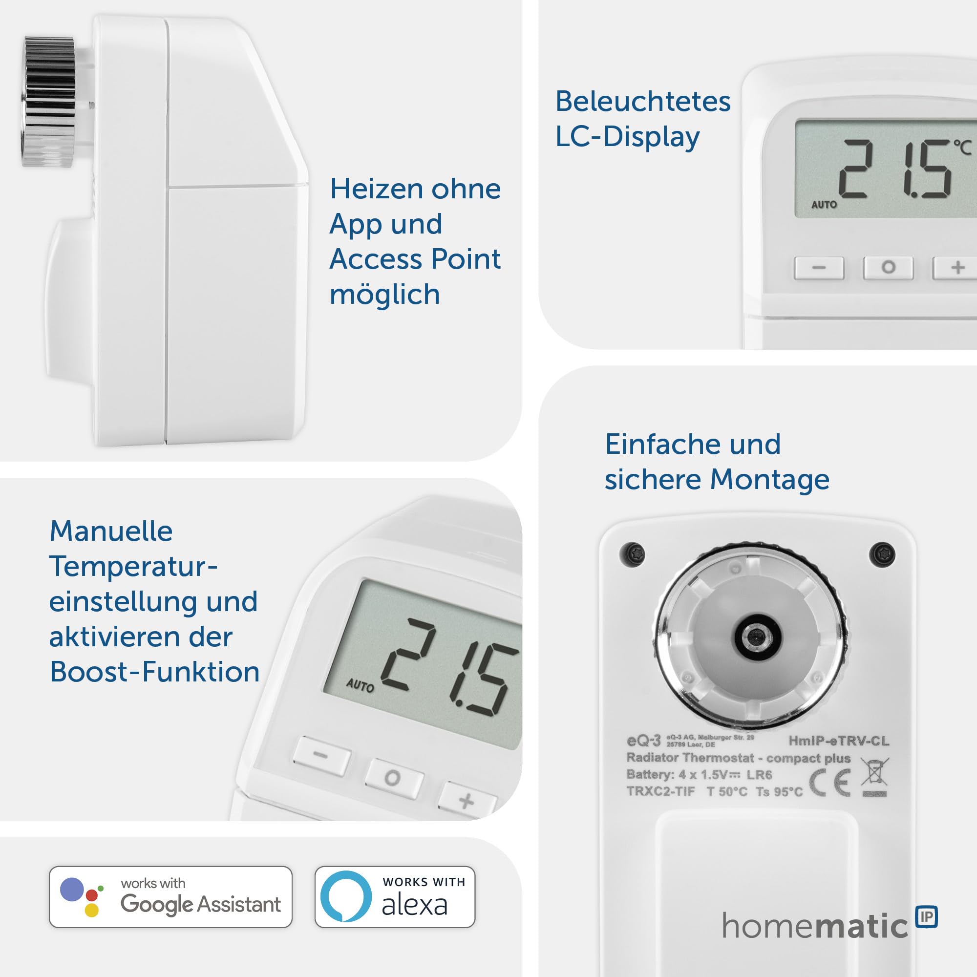 Homematic IP Kompaktowy termostat grzejnikowy | Smart Home, 5 lat pracy baterii, cyfrowy termostat, ogrzewanie, oszczędność kosztów ogrzewania, oszczędność energii, 157681A0