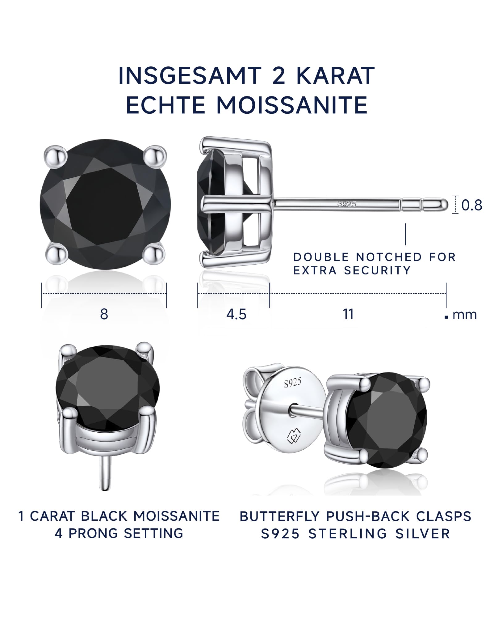 MomentWish Schwarze Moissanite Ohrstecker, 1-2 Karat Ohrringe Schwarz Herren Damen 925 Sterling Silber Simulierter Diamant Ohrring Solitär Ohrschmuck Geschenk für ihn 5/5.5/6.5mm