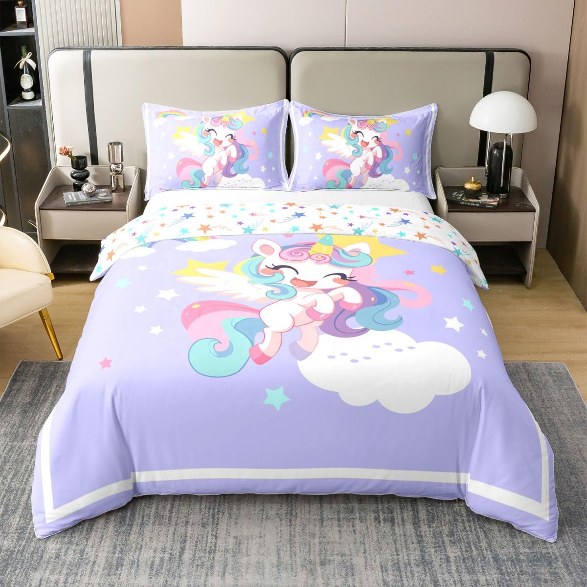 Sets de housses de couettes nuage d'étoiles et couvre lit licorne 240 x 260