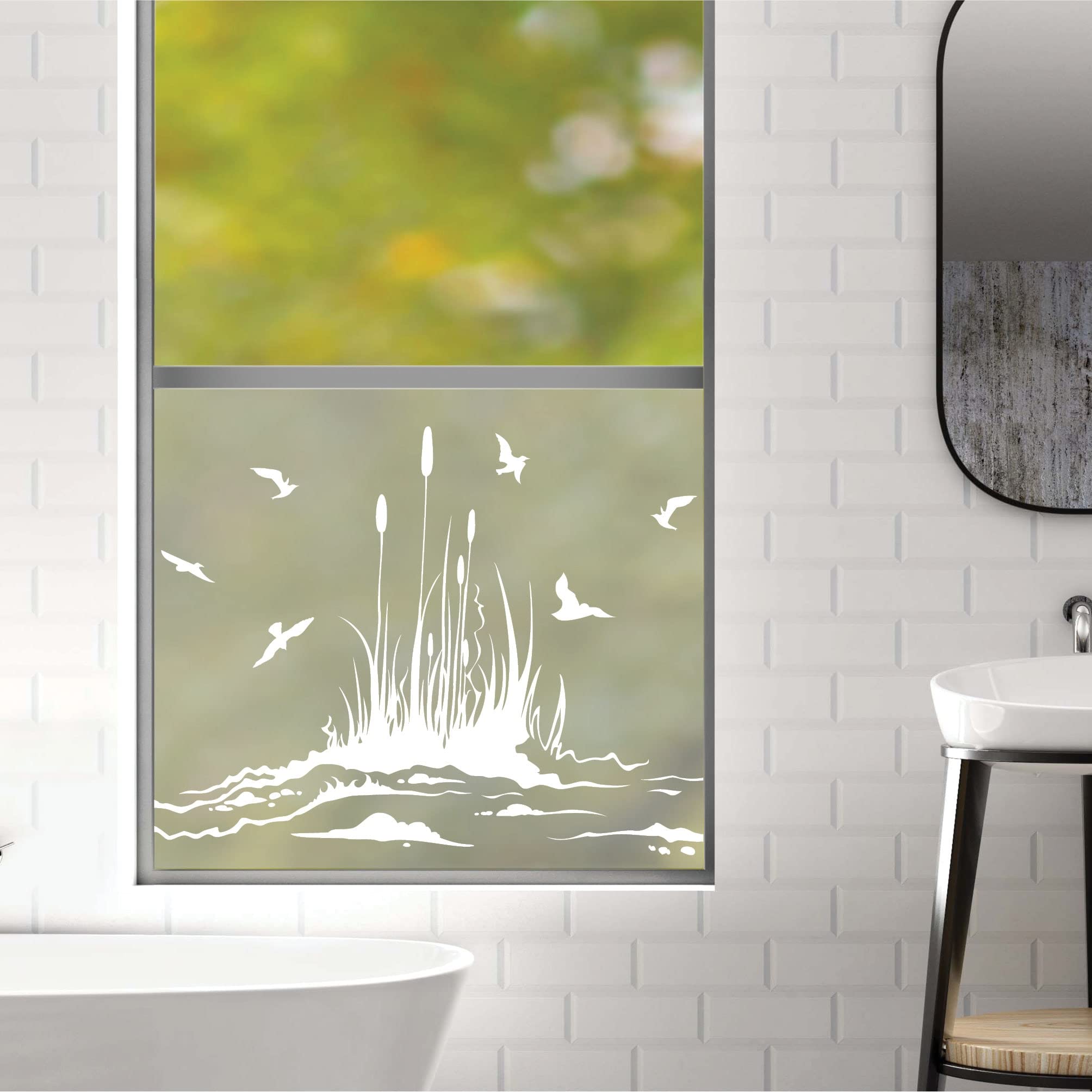Sichtschutzfolie Vögel mit Schilf am Ufer, maritime Fensterfolie, Fensterdeko Milchglasfolie, 120 cm hoch, 90 cm breit