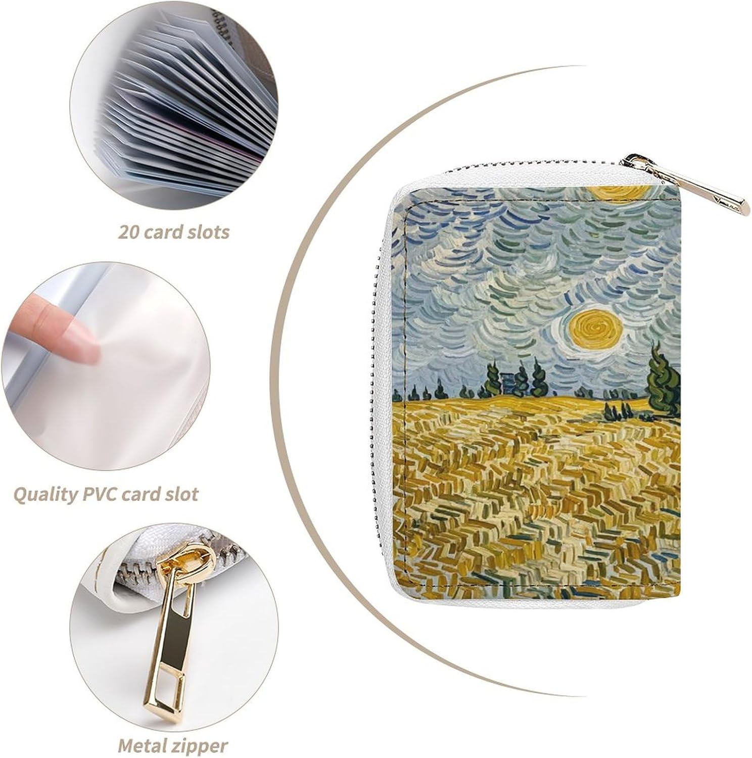 Leather Card Organizer Case Card Wallet Credit Card Holder Wheat Fields And Cypress Trees Printed Zipper Card Cases Holder for Women Men