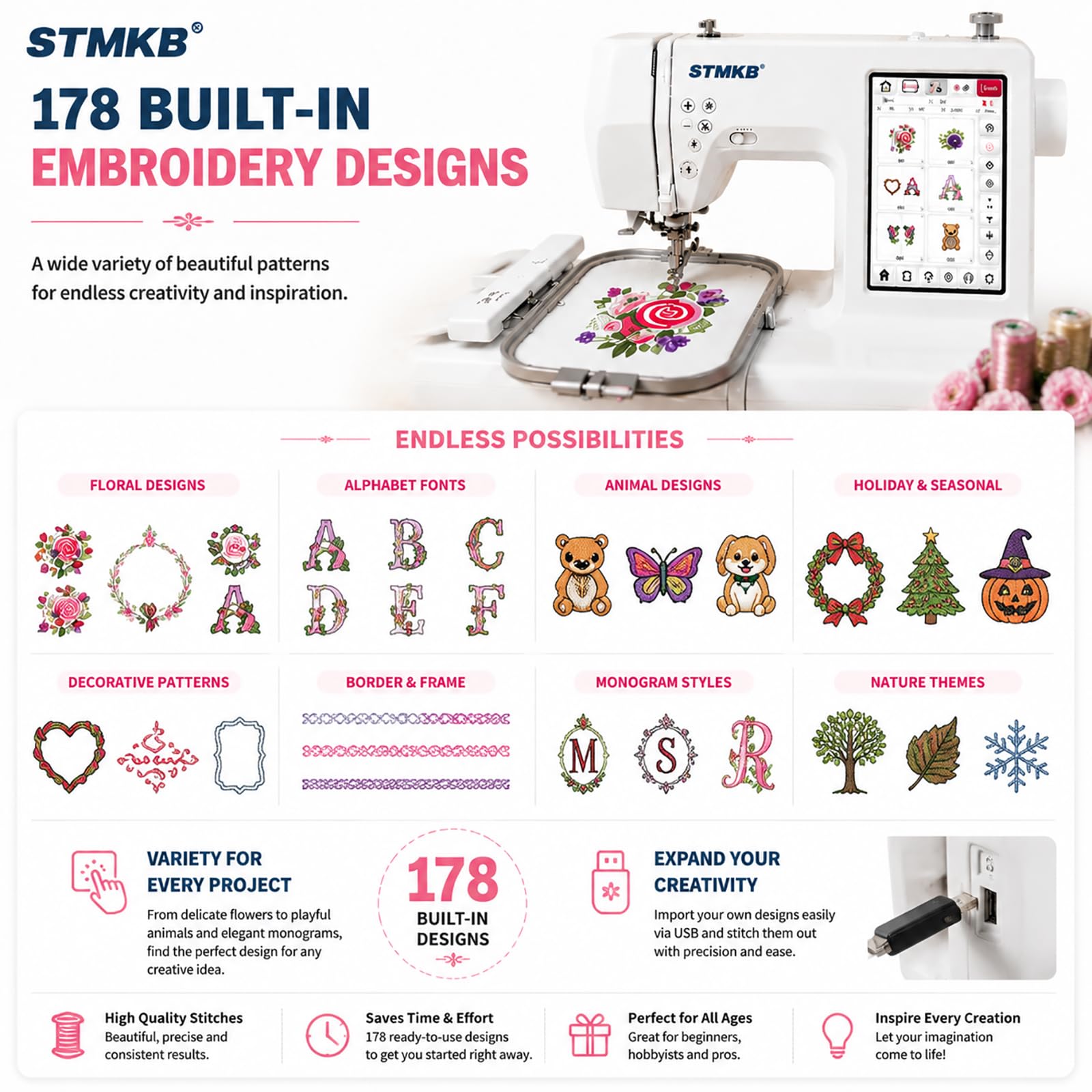 Computergesteuerte Stickmaschine Mit 7-Zoll-Touchscreen, Näh- Und Stickkombination, 207 Stichmuster Und 178 Integrierte Designs, Automatischer Nadeleinfädler, USB-designimport