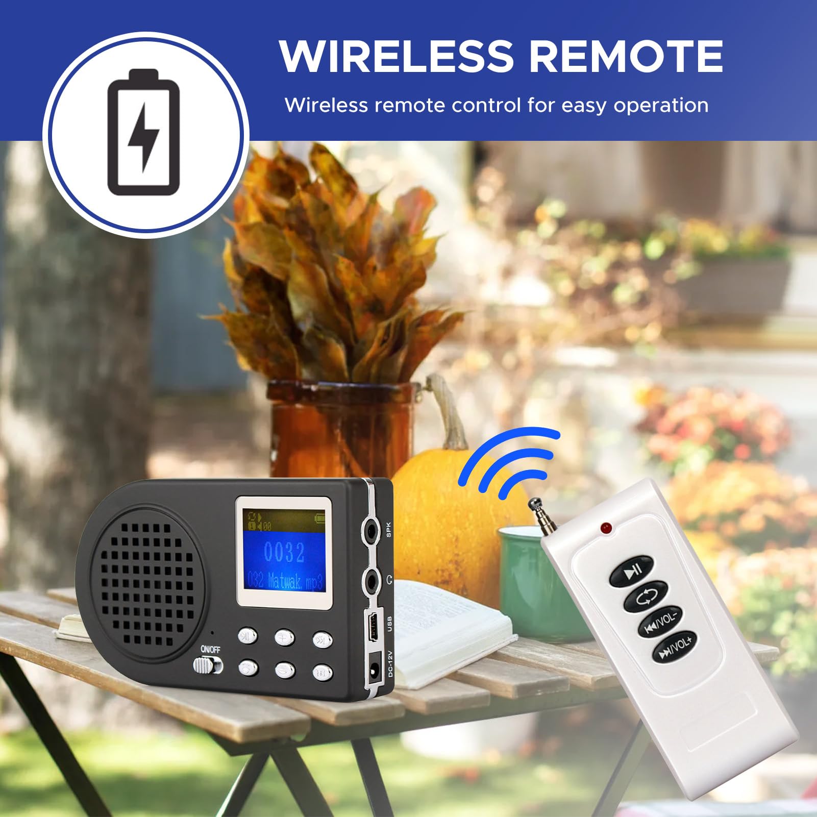 Buachois Cinguettatore del suono, amplificatore cinguettante per uccelli all'aperto con altoparlante mp3 con remoto wireless 110 suoni mp3 (Con telecomando)