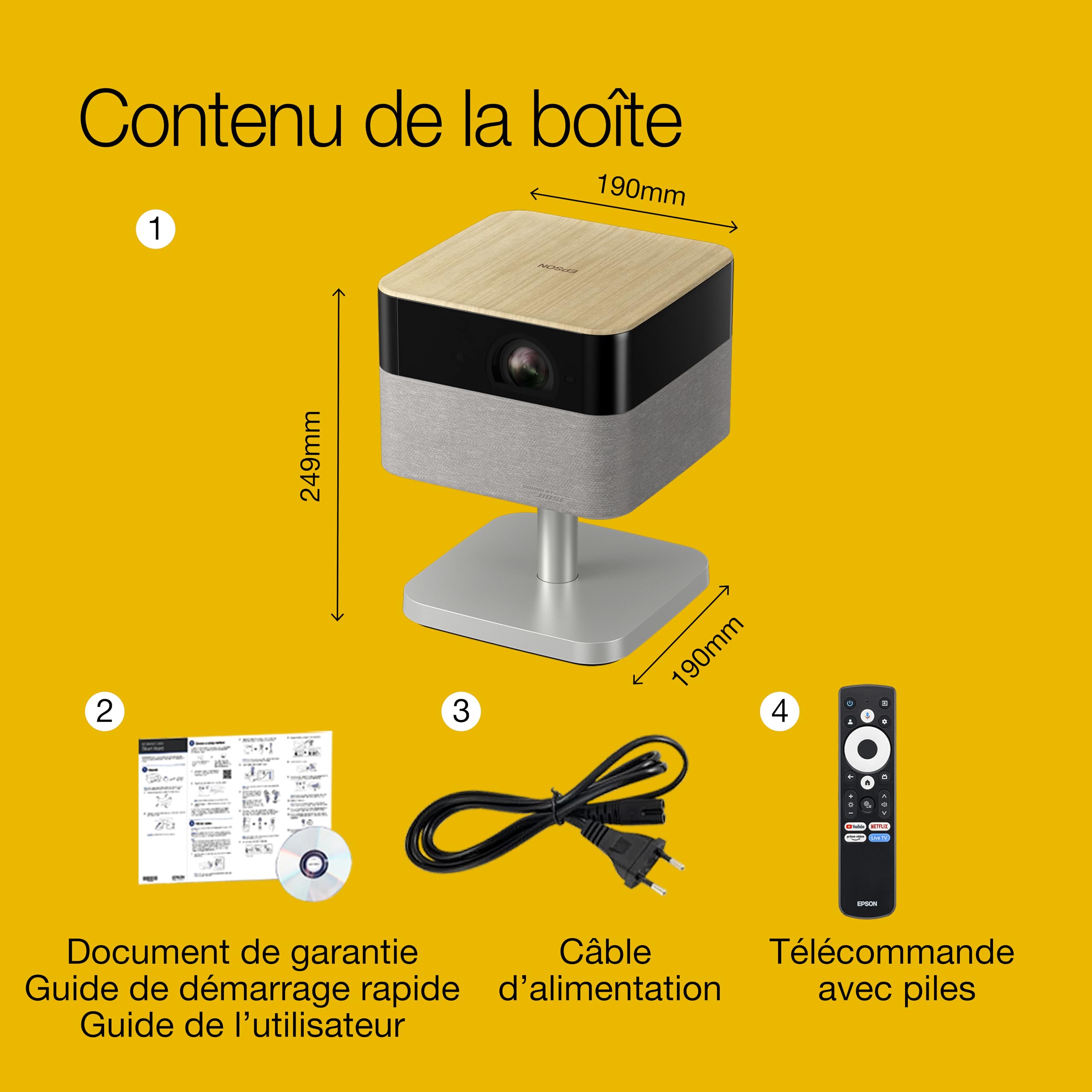 Epson Lifestudio Flex Plus EF-72 | Projecteur TV Intelligente Portable, 4K Pro-UHD | 1 000 lumens | 3LCD x RGB-LED | Sound by Bose | Google TV | Config. aisée | Écran 150 po | Garantie 5 Ans | Chêne