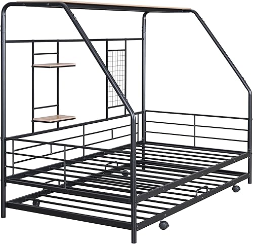 Miniatura 142 de Cama de casa de tamaño individual con diseño de valla y techo, marco de cama de metal, marco de cama de piso doble, base de cama Montessori de Color