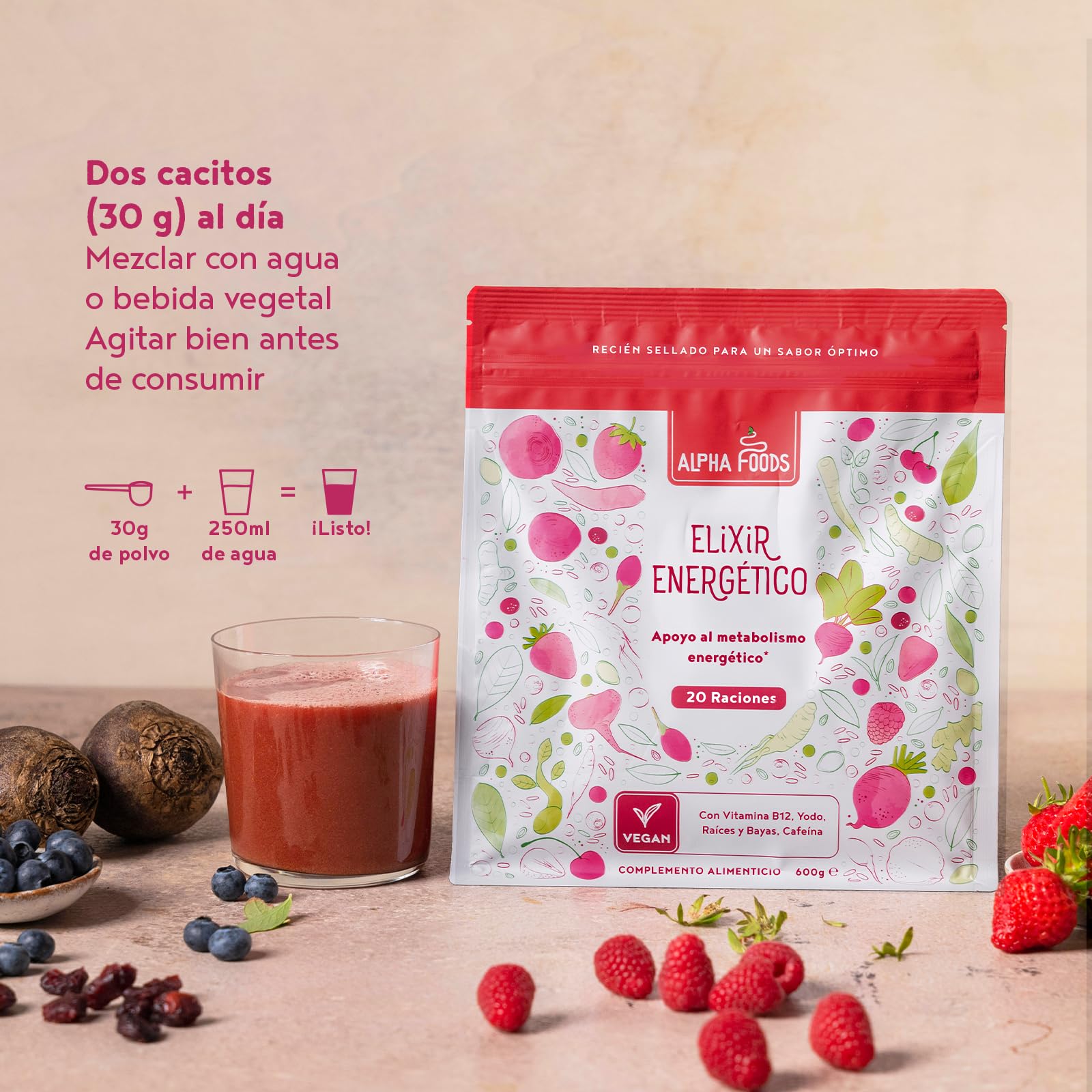 Elixir Energético | 600 Gramos | Superfood Smoothie Powder con raíces y bayas: Maca, Cúrcuma, Guaraná, Yerba Mate, Frambuesas, Açai, Bayas de Goji | Alternativa al Café | Alpha Foods