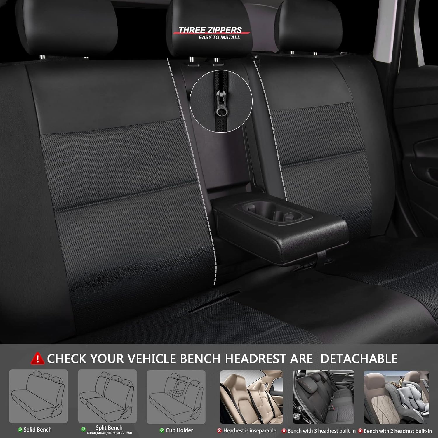 CAR PASS Luxurous PU Leather Automotive Universal Seat Covers, Waterproof Universal Fit Car Floor Mats, with Anti-Slip Nibbs Backing (Black)