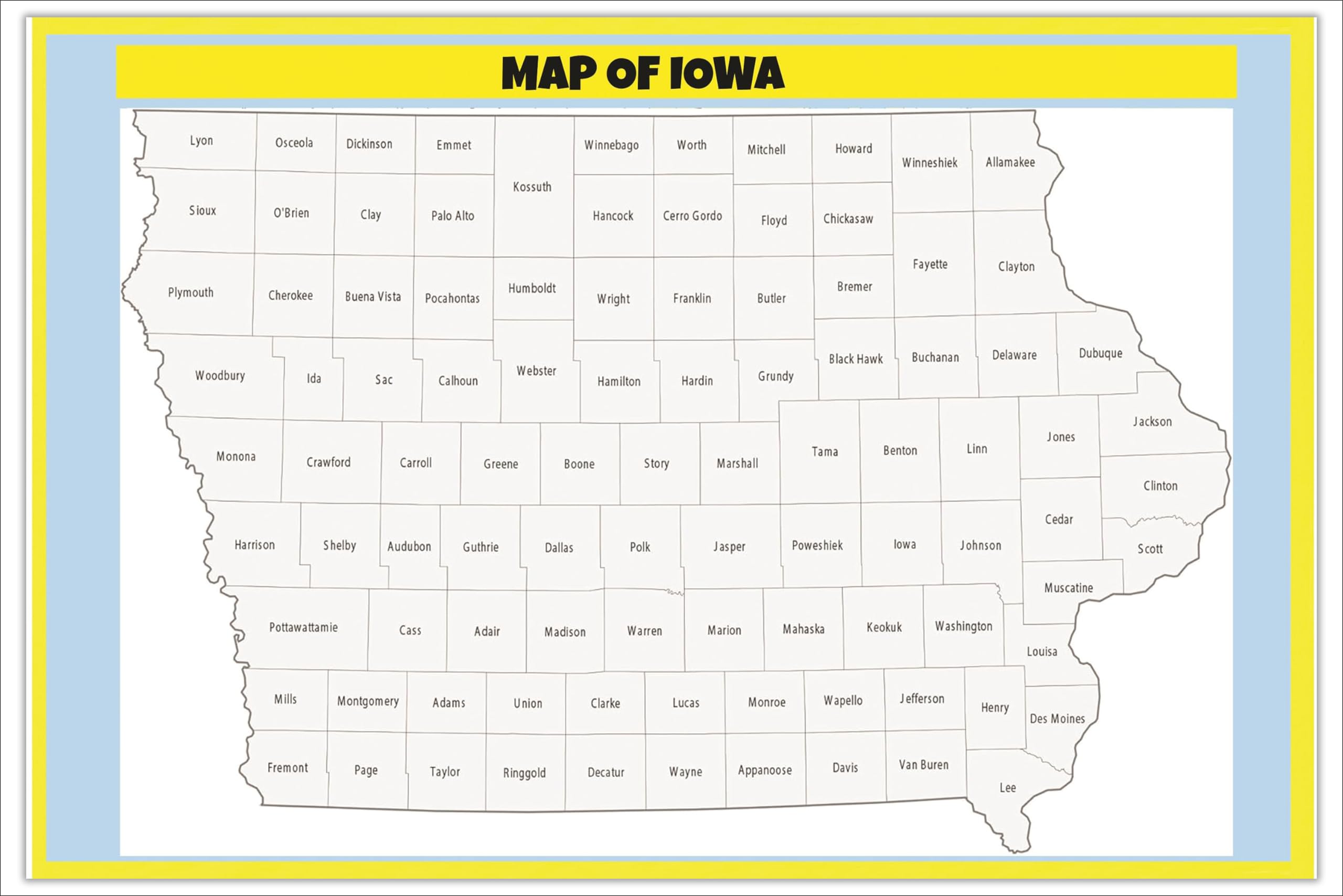 Iowa County Map - Large MAP Vivid Imagery Laminated Poster Print-20 Inch by 30 Inch Laminated Map Poster With Bright Colors And Vivid Imagery