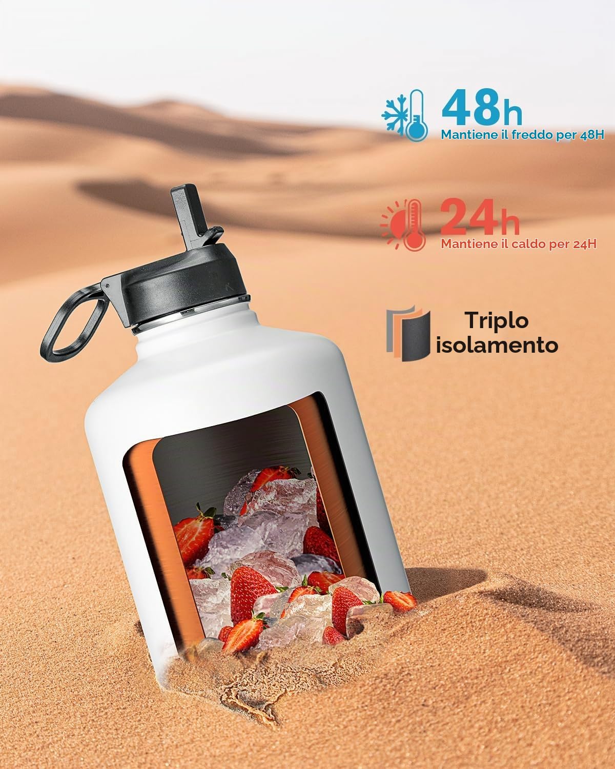 Coolflask Borraccia termica da 3,6 litri, con cannuccia e 3 coperchi, grande brocca in acciaio inox a bocca larga, per sport, palestra o ufficio, senza BPA, mantiene il freddo per 48 ore e calde per