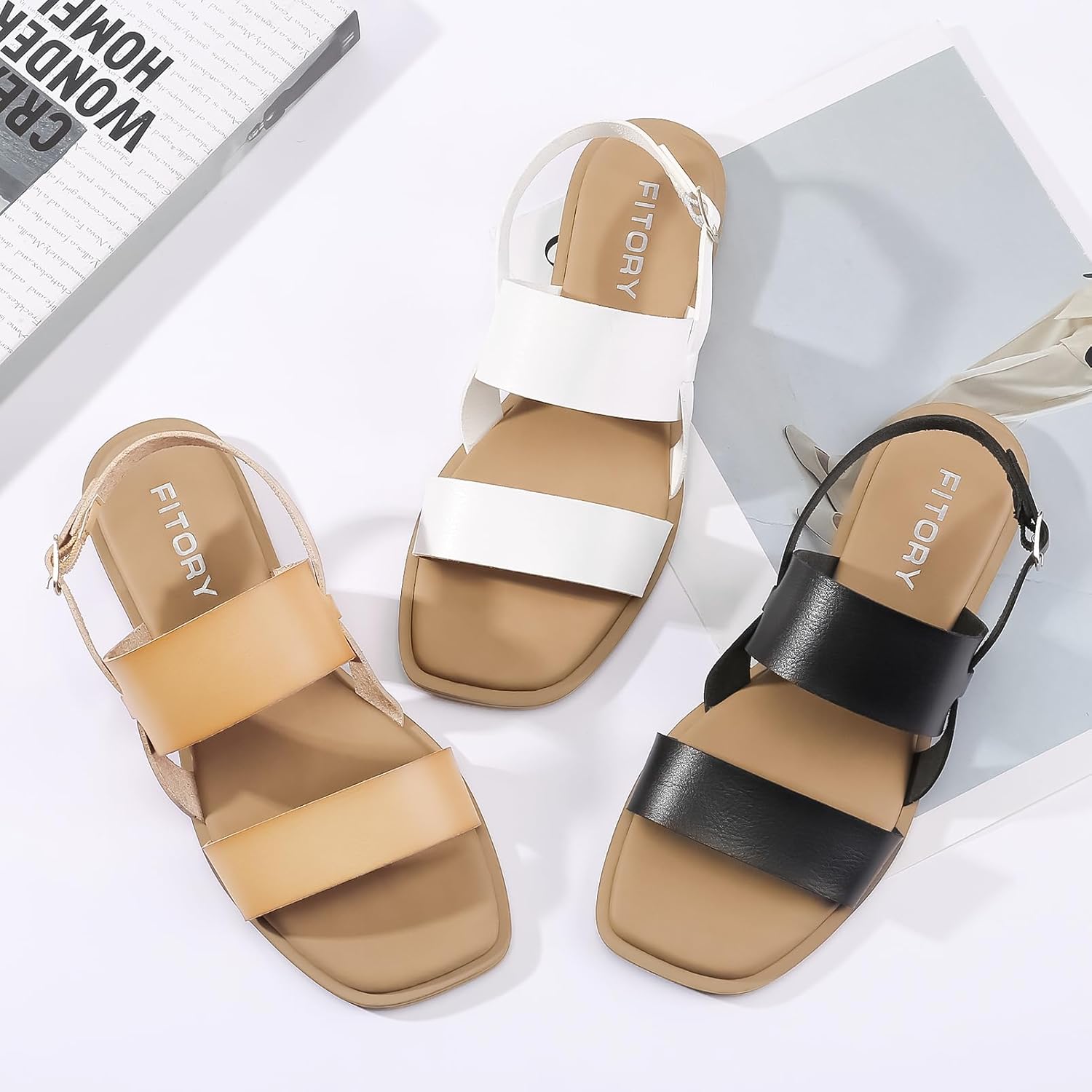 FITORY Women's Flat Sandals Fashionable Square Open Toe Adjustable Buckle Slippers Summer Size 6-11 - Image 2